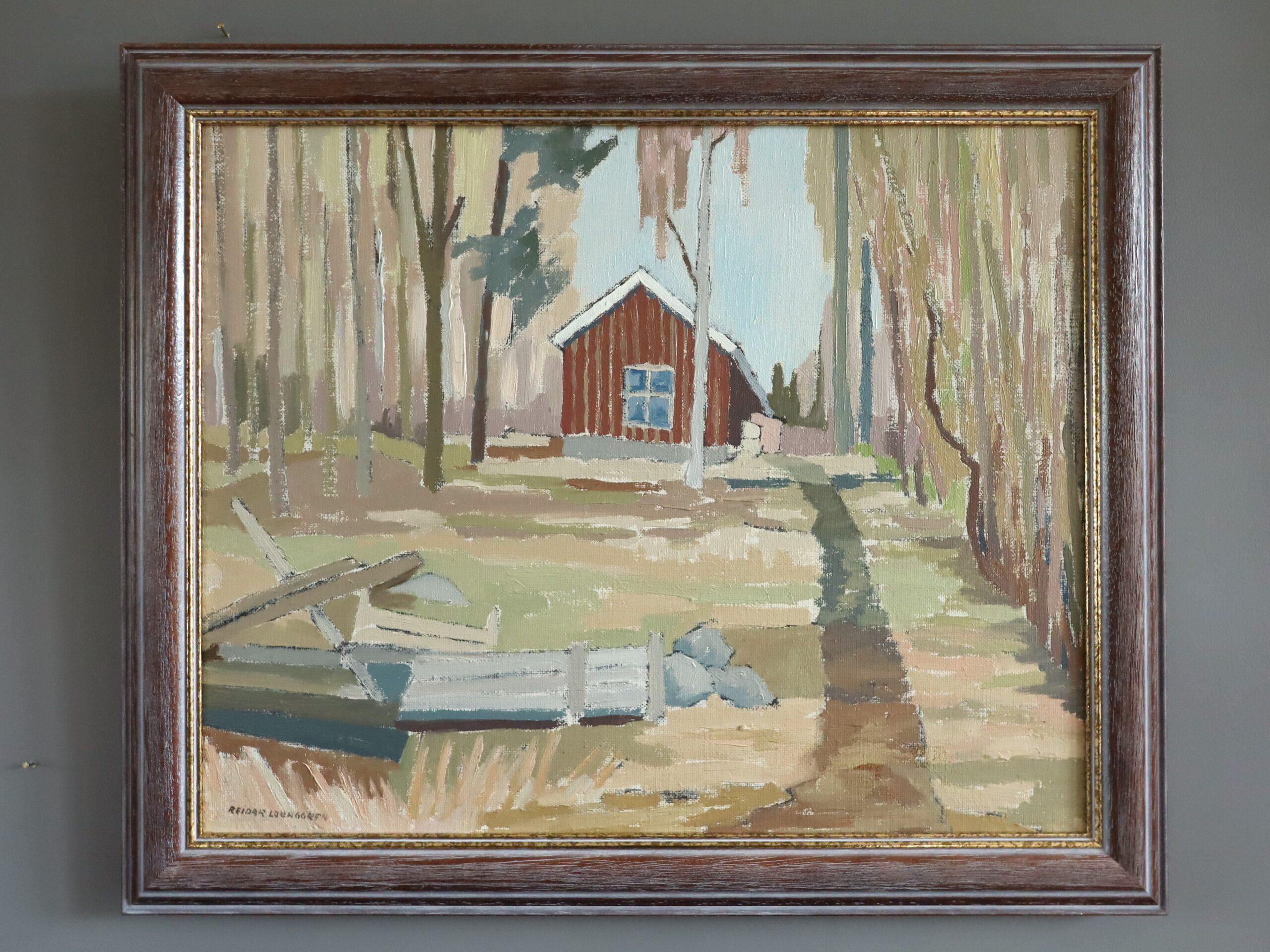 Mid Century Modern Schwedische Landschaft Ölgemälde - Cottage Beyond the Trees – Painting von Unknown