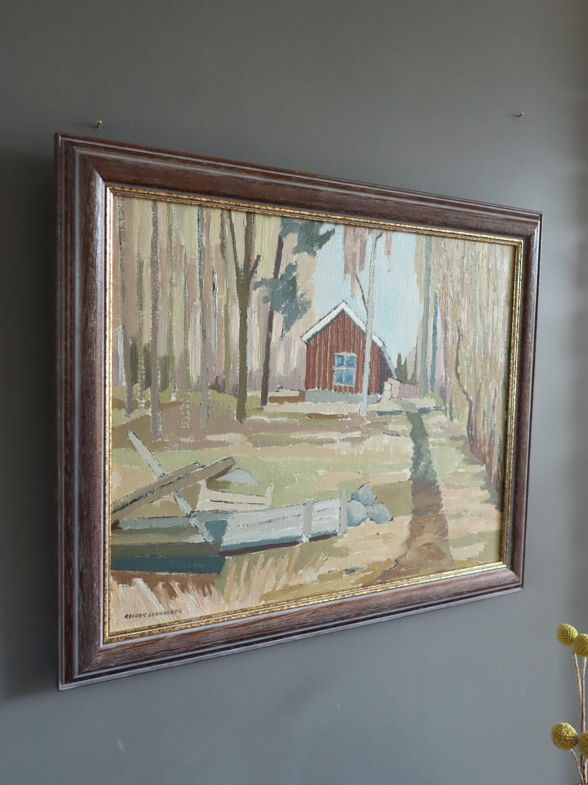 Mid Century Modern Schwedische Landschaft Ölgemälde - Cottage Beyond the Trees (Grau), Landscape Painting, von Unknown