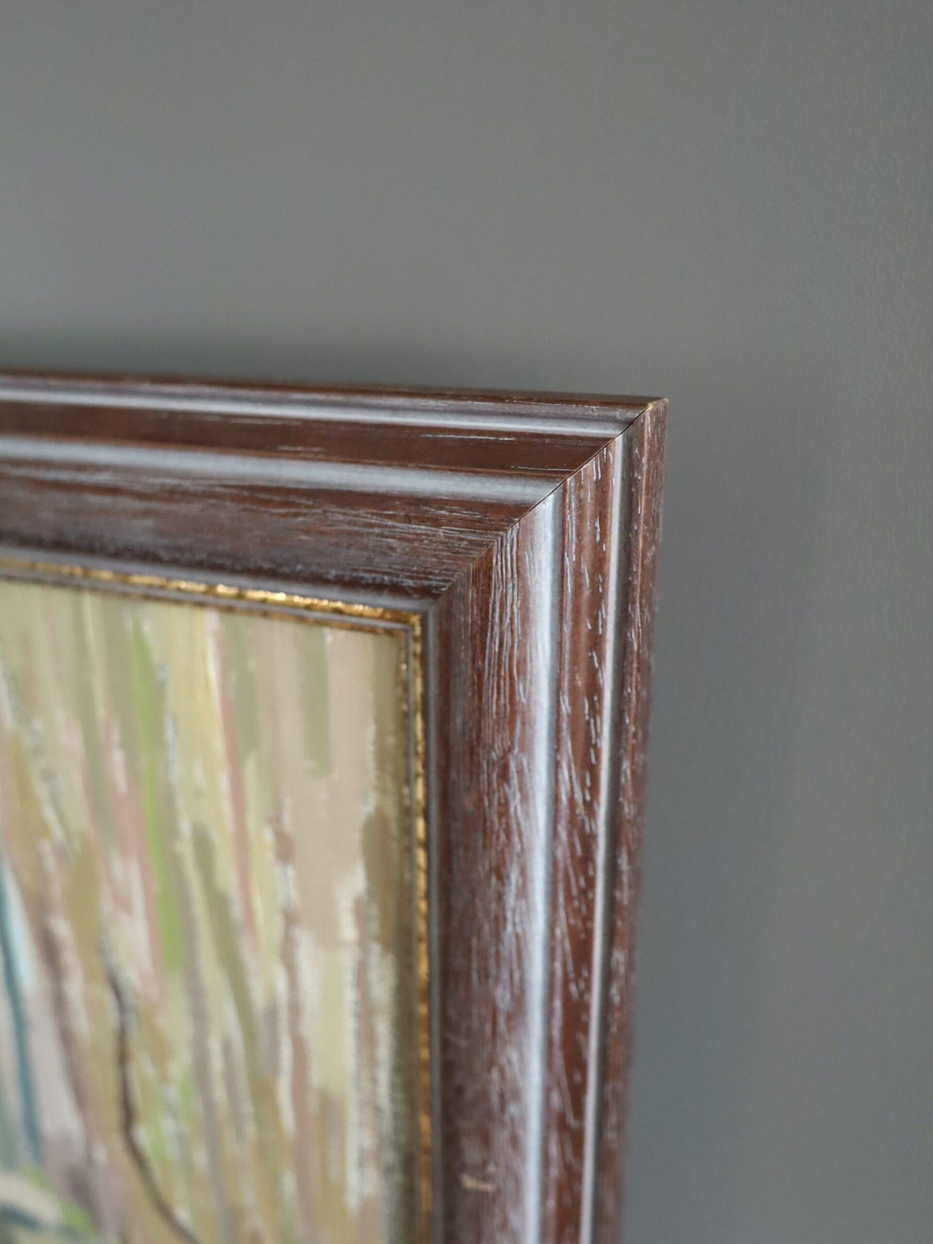 Mid Century Modern Schwedische Landschaft Ölgemälde - Cottage Beyond the Trees im Angebot 2