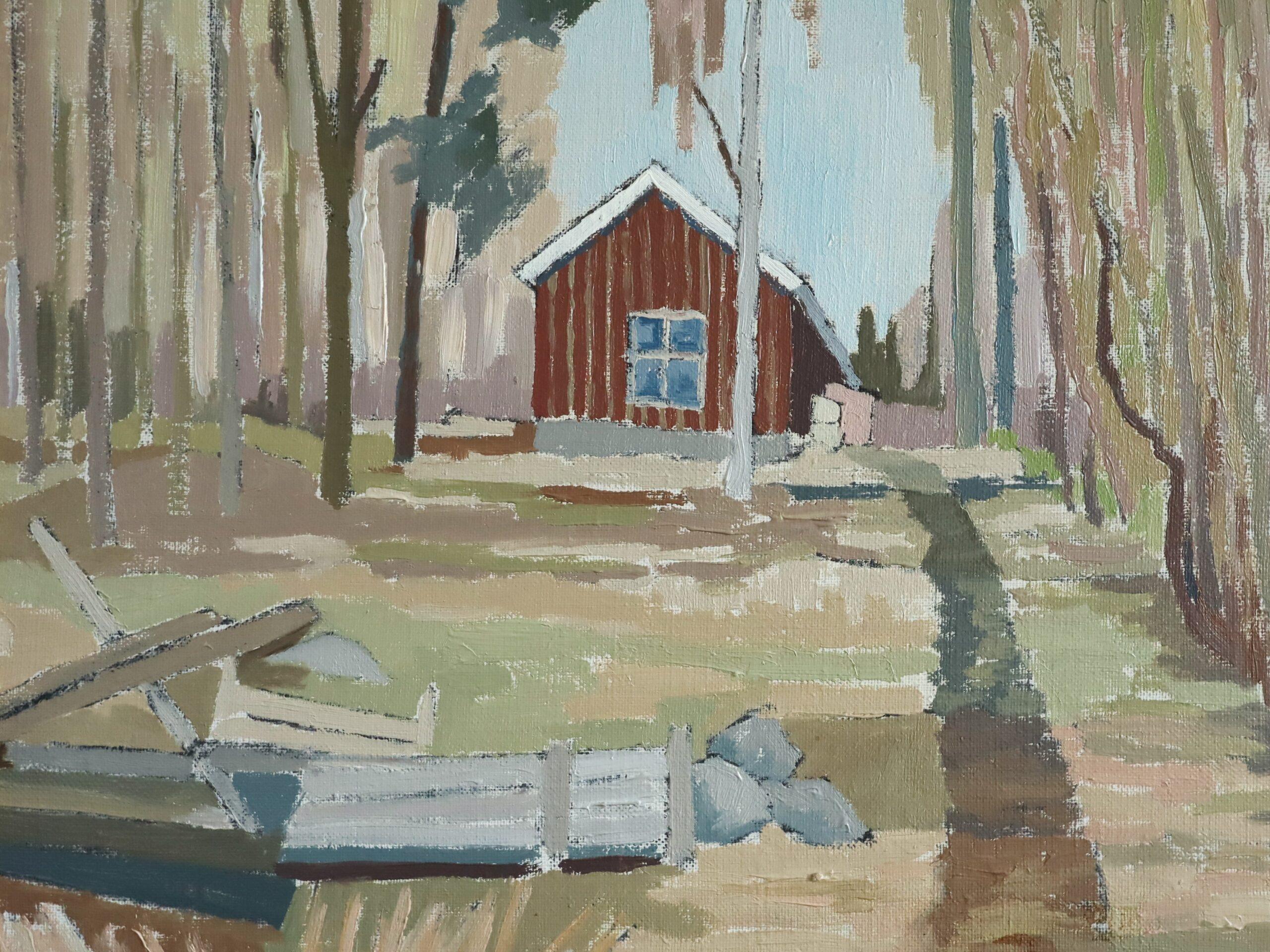 Mid Century Modern Schwedische Landschaft Ölgemälde - Cottage Beyond the Trees im Angebot 3