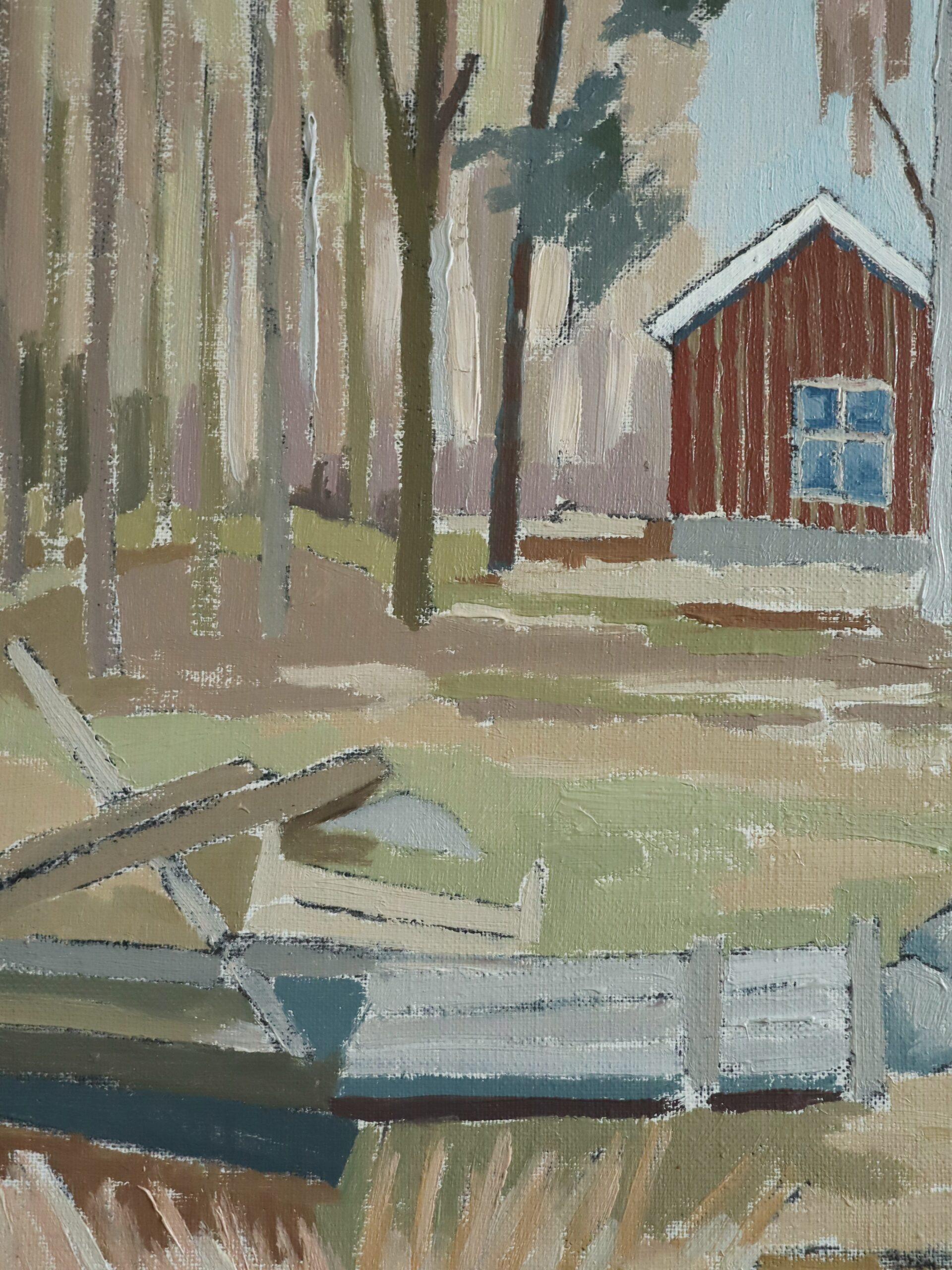 Mid Century Modern Schwedische Landschaft Ölgemälde - Cottage Beyond the Trees im Angebot 4