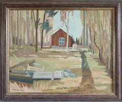 Mid Century Modern Swedish Landscape Oil Painting - Cottage Beyond the Trees