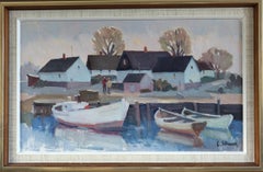 Dipinto a olio in stile Mid-Century Modern con paesaggio svedese - Casette in riva a un laghetto tranquillo