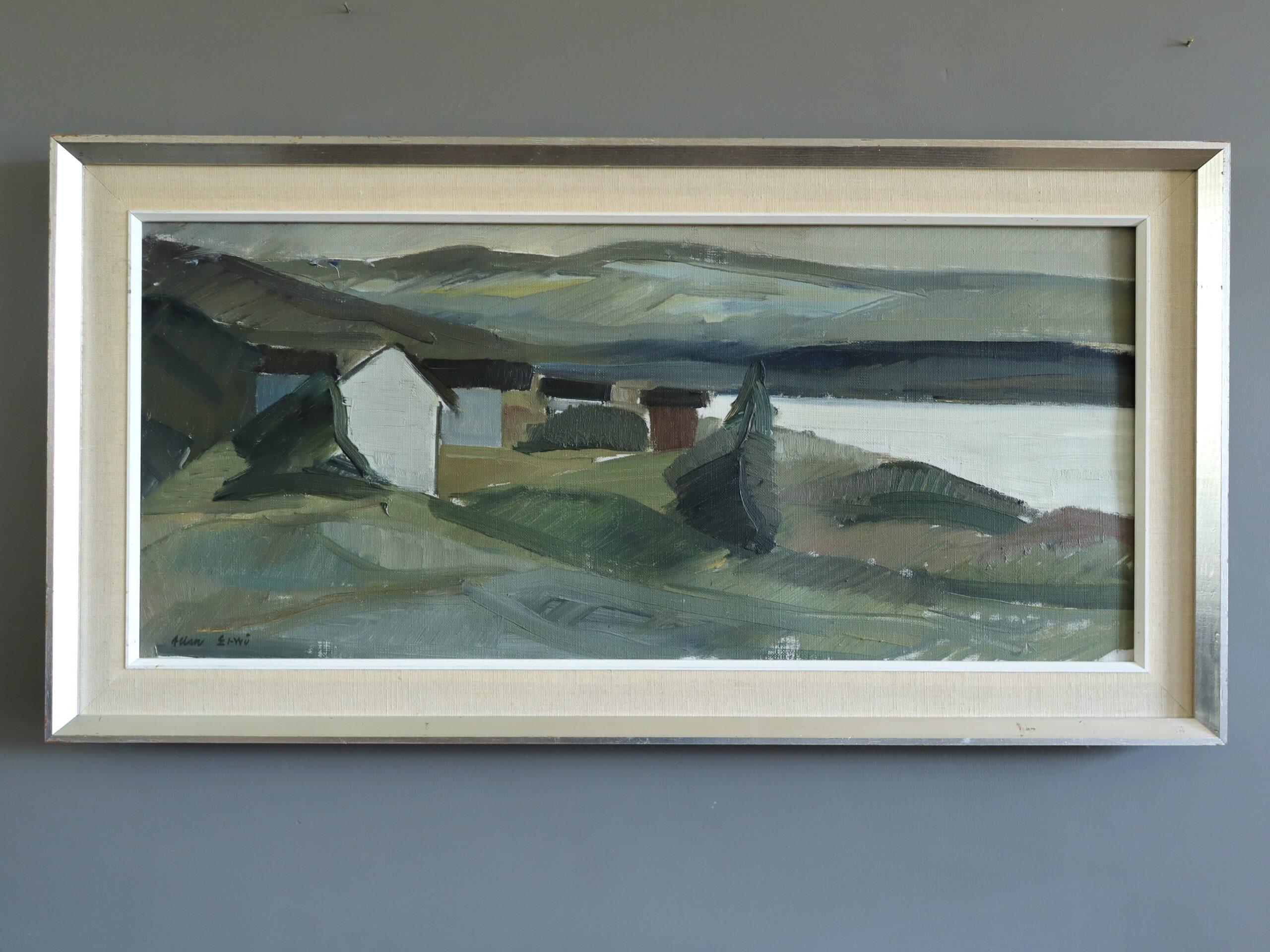 Mid Century Modern Schwedische Landschaft Ölgemälde - Cottages by the Lake – Painting von Unknown