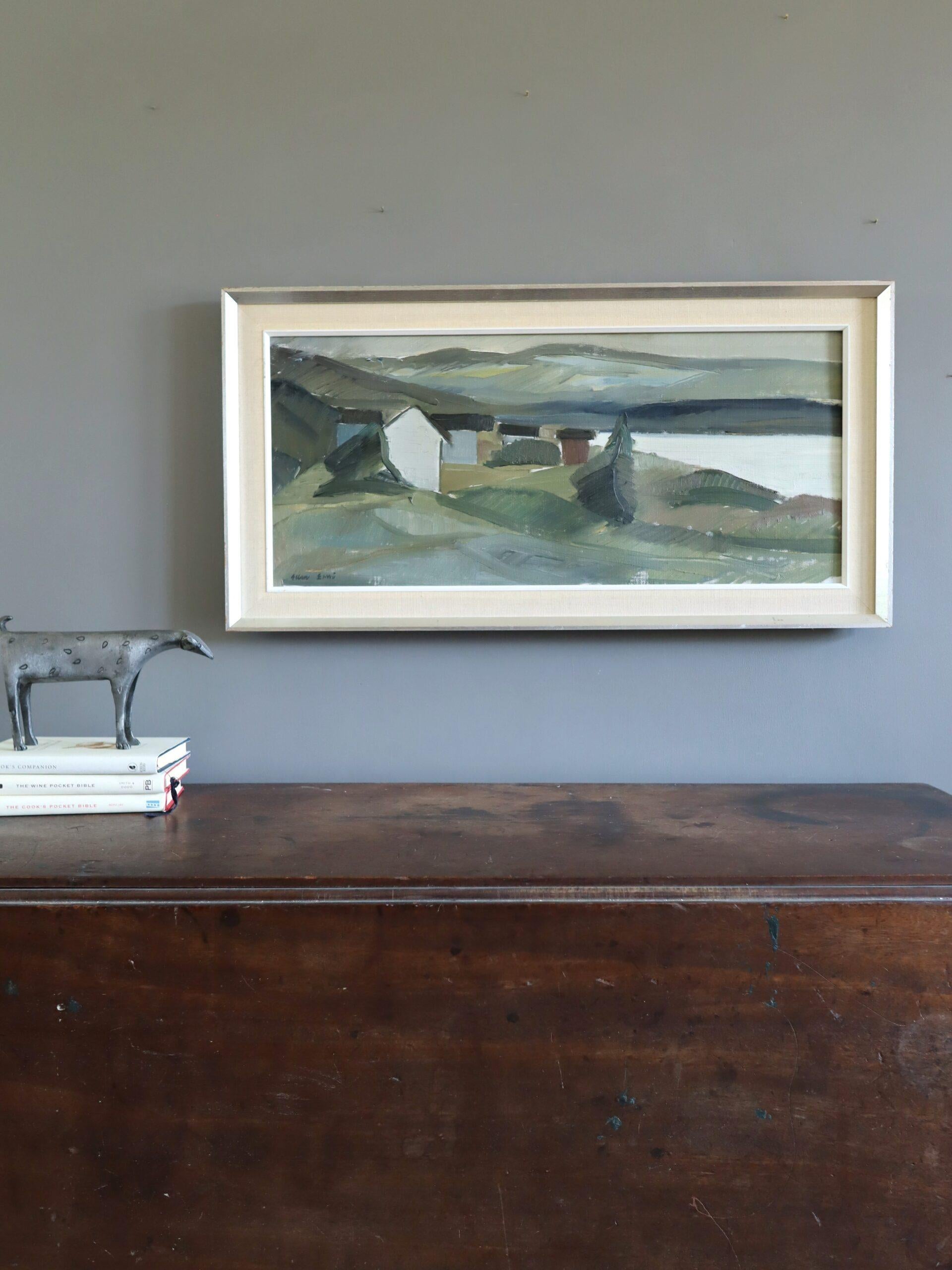 Mid Century Modern Schwedische Landschaft Ölgemälde - Cottages by the Lake (Moderne), Painting, von Unknown