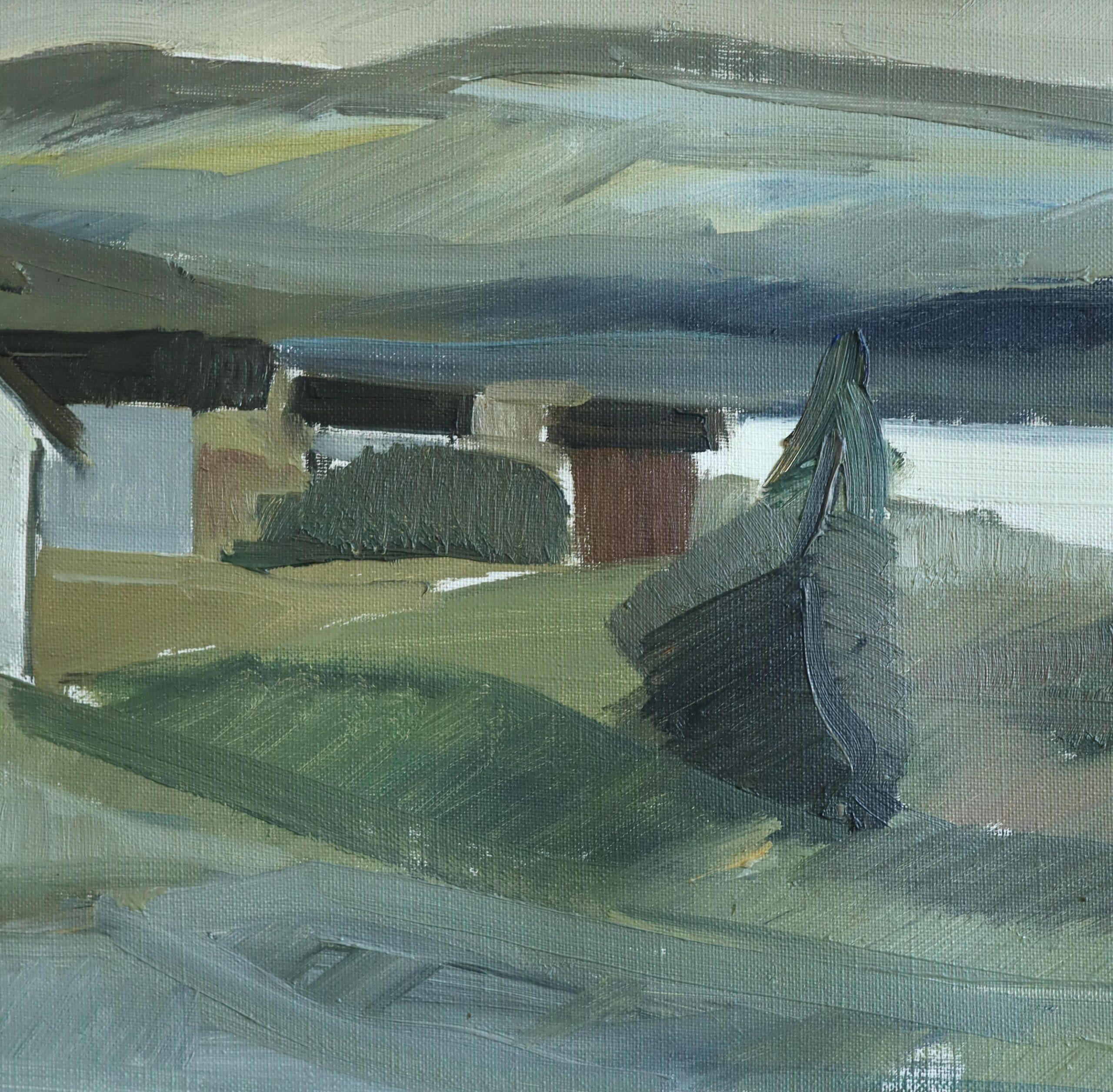 Mid Century Modern Schwedische Landschaft Ölgemälde - Cottages by the Lake im Angebot 3