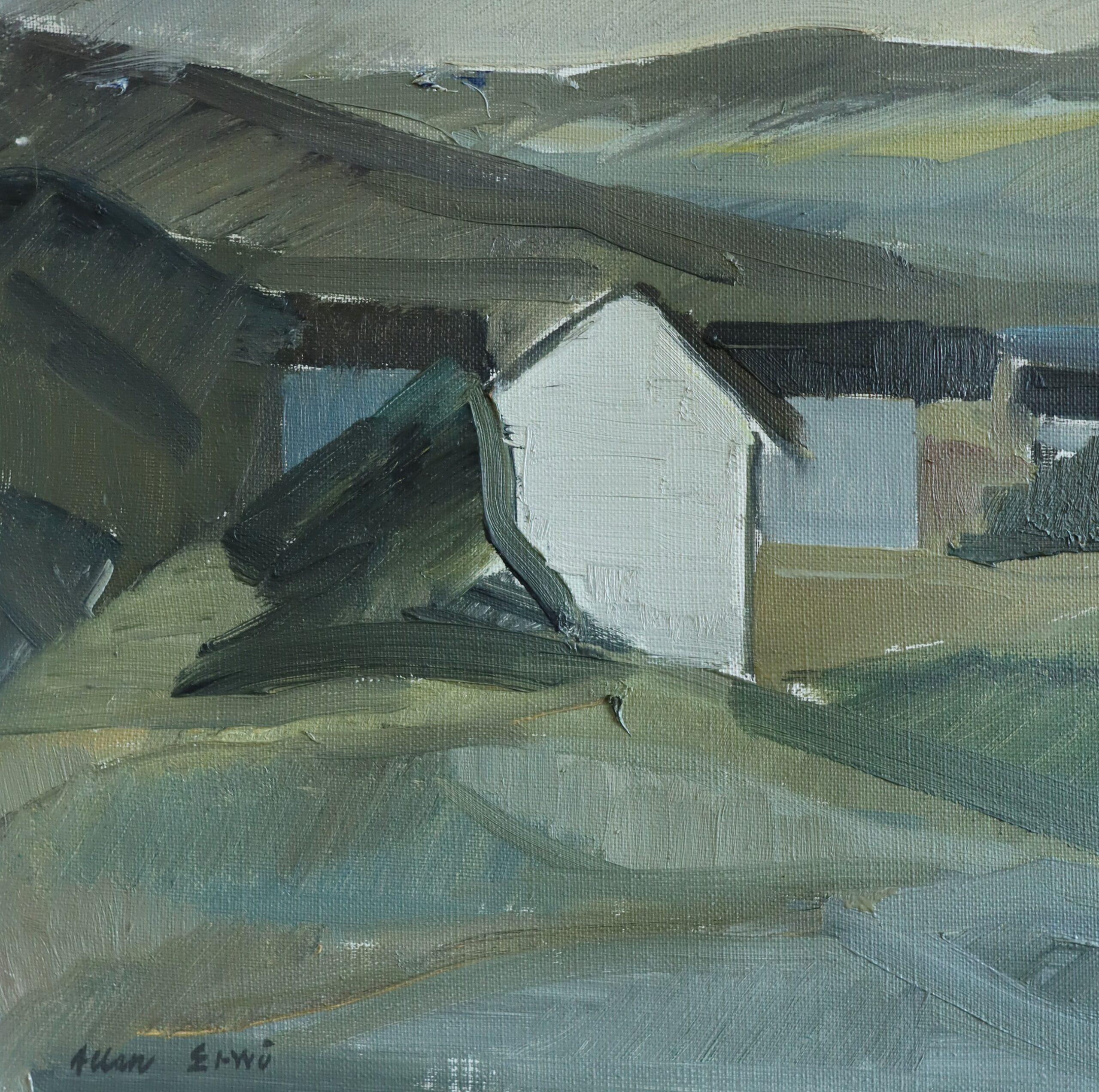 Mid Century Modern Schwedische Landschaft Ölgemälde - Cottages by the Lake im Angebot 4