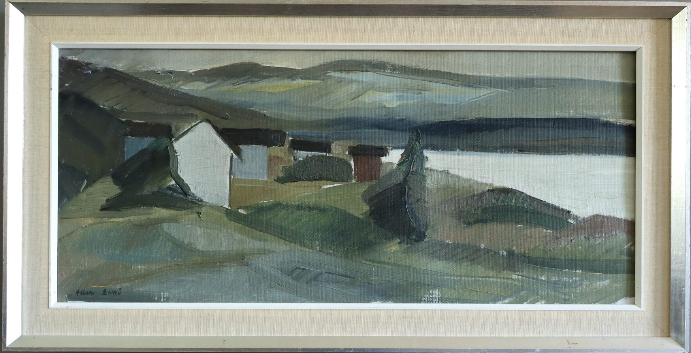 Mid Century Modern Swedish Landscape Oil Painting - Cottages by the Lake