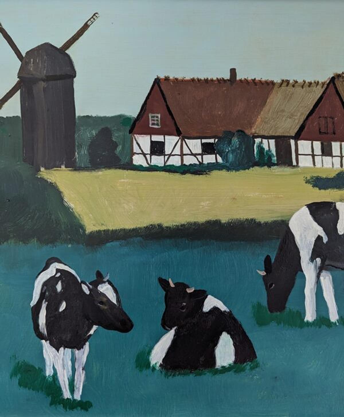 Mid-Century Modern Swedish Landscape Oil Painting - Cows in Field For Sale 8