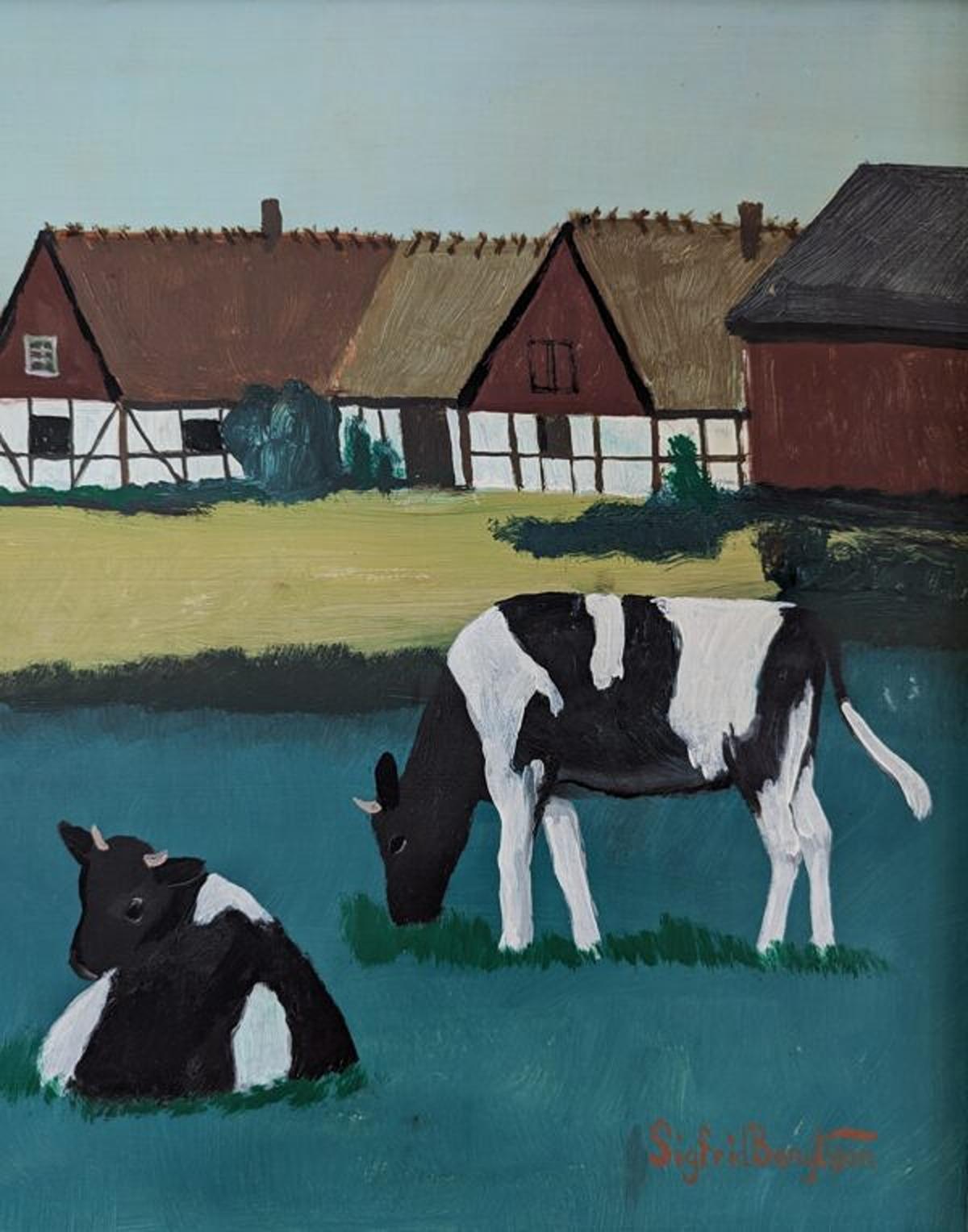 Mid-Century Modern Swedish Landscape Oil Painting - Cows in Field For Sale 9