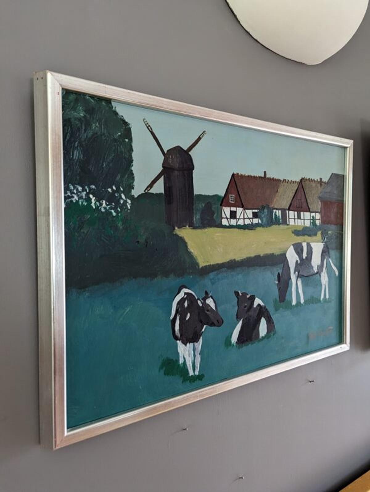 Mid-Century Modern Swedish Landscape Oil Painting - Cows in Field For Sale 1