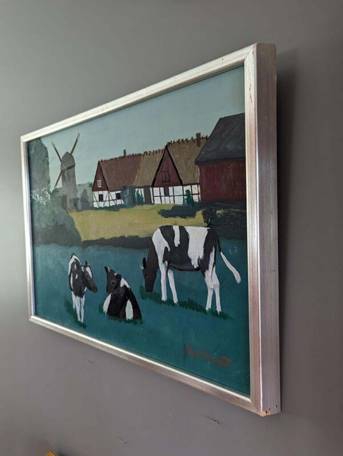 Mid-Century Modern Swedish Landscape Oil Painting - Cows in Field For Sale 2