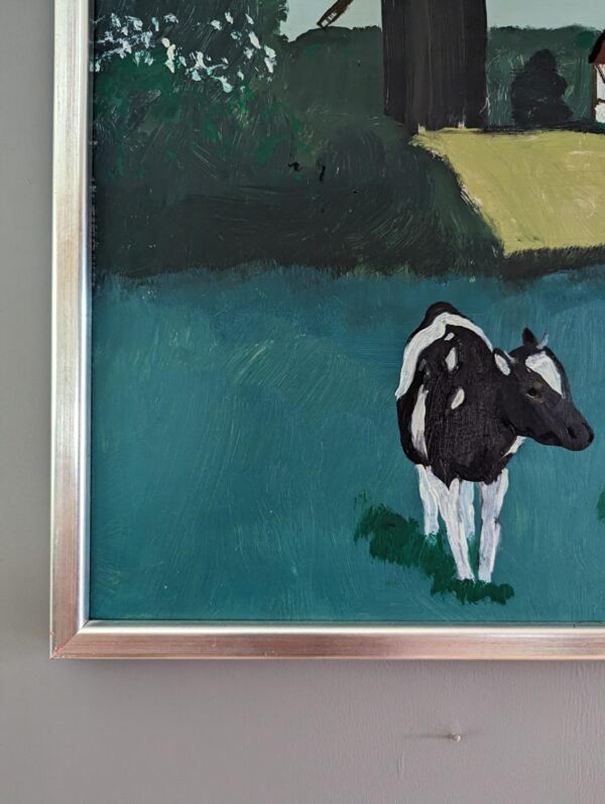 Mid-Century Modern Swedish Landscape Oil Painting - Cows in Field For Sale 4