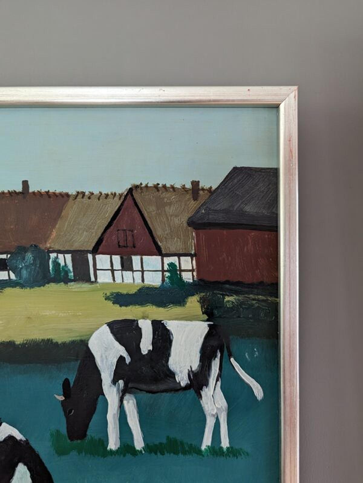 Mid-Century Modern Swedish Landscape Oil Painting - Cows in Field For Sale 6