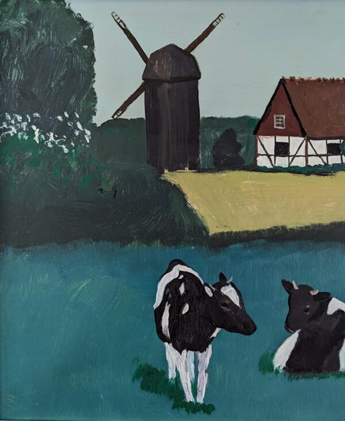 Mid-Century Modern Swedish Landscape Oil Painting - Cows in Field For Sale 7