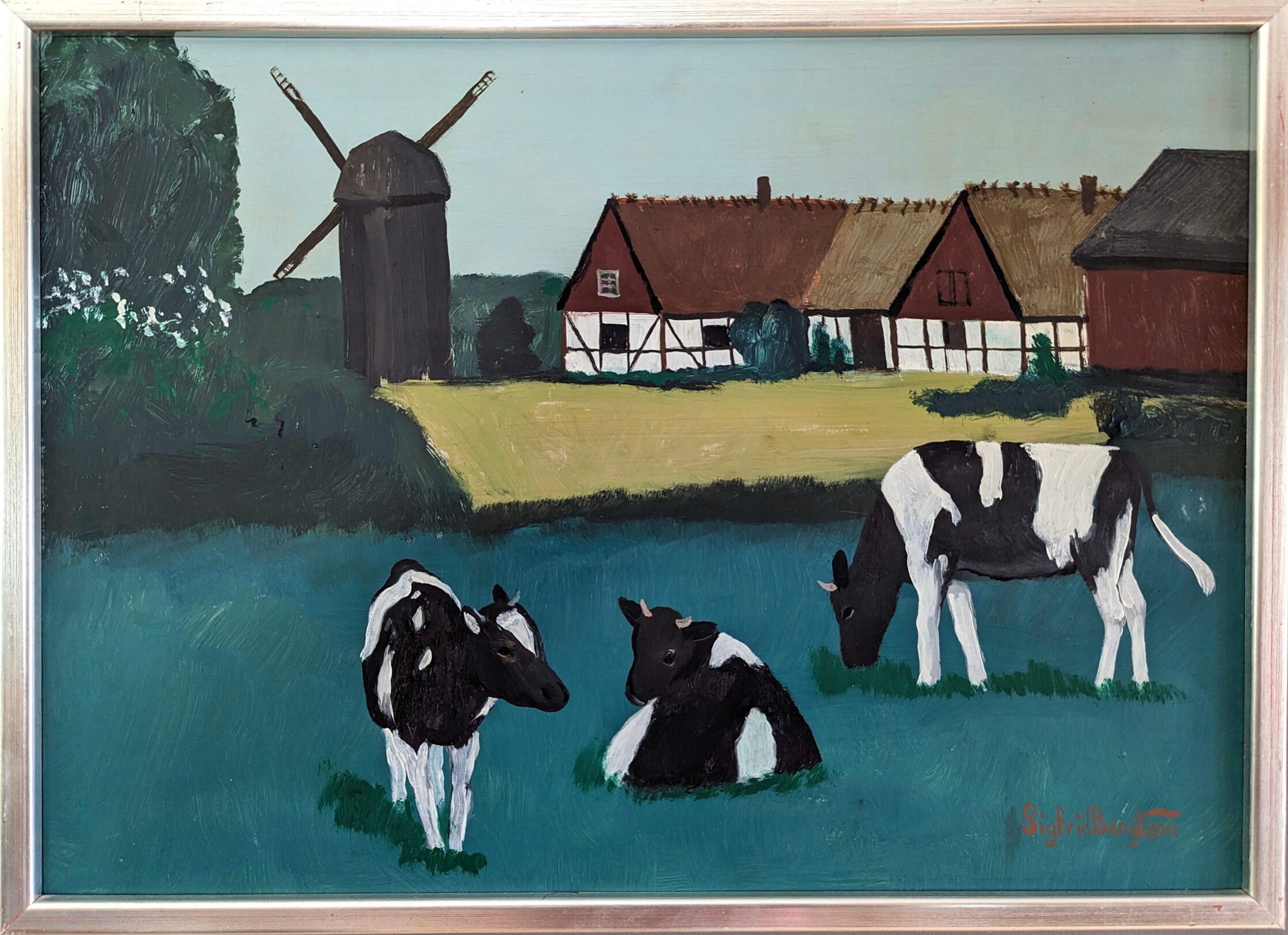 Modernes schwedisches Landschafts-Ölgemälde aus der Jahrhundertmitte - Kühe auf dem Feld