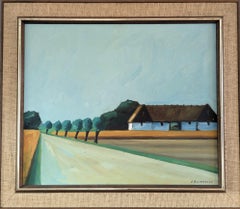 Mid-Century Modern Swedish Landscape Oil Painting - Farmhouse in Distance