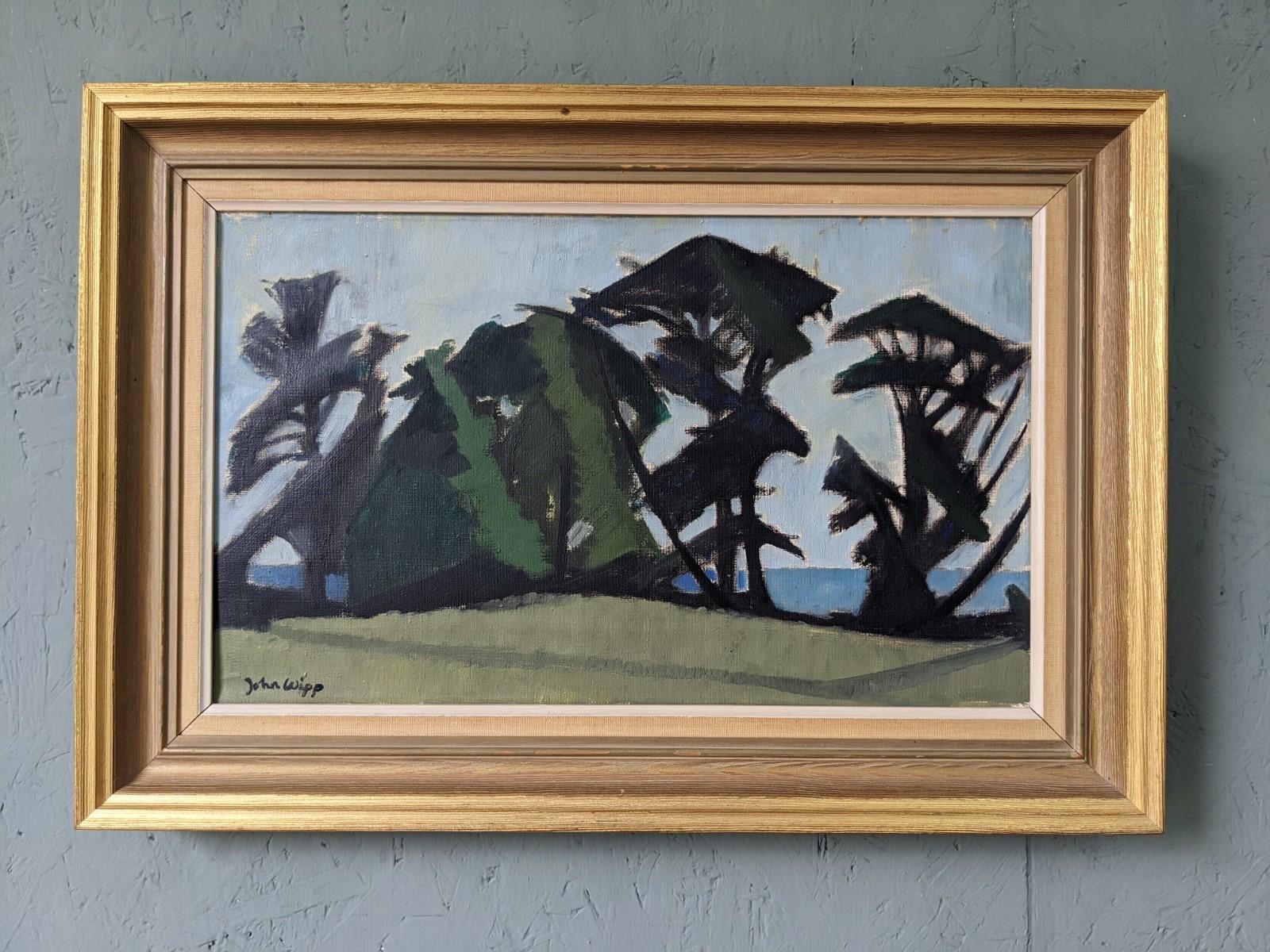 COASTAL TREES
Size: 35 x 51 cm (including frame)
Oil on canvas

An atmospheric mid-century oil composition that captures the serene beauty of a row of trees lining a coast.

Painted in a semi-abstract style, the artist has skillfully employed a