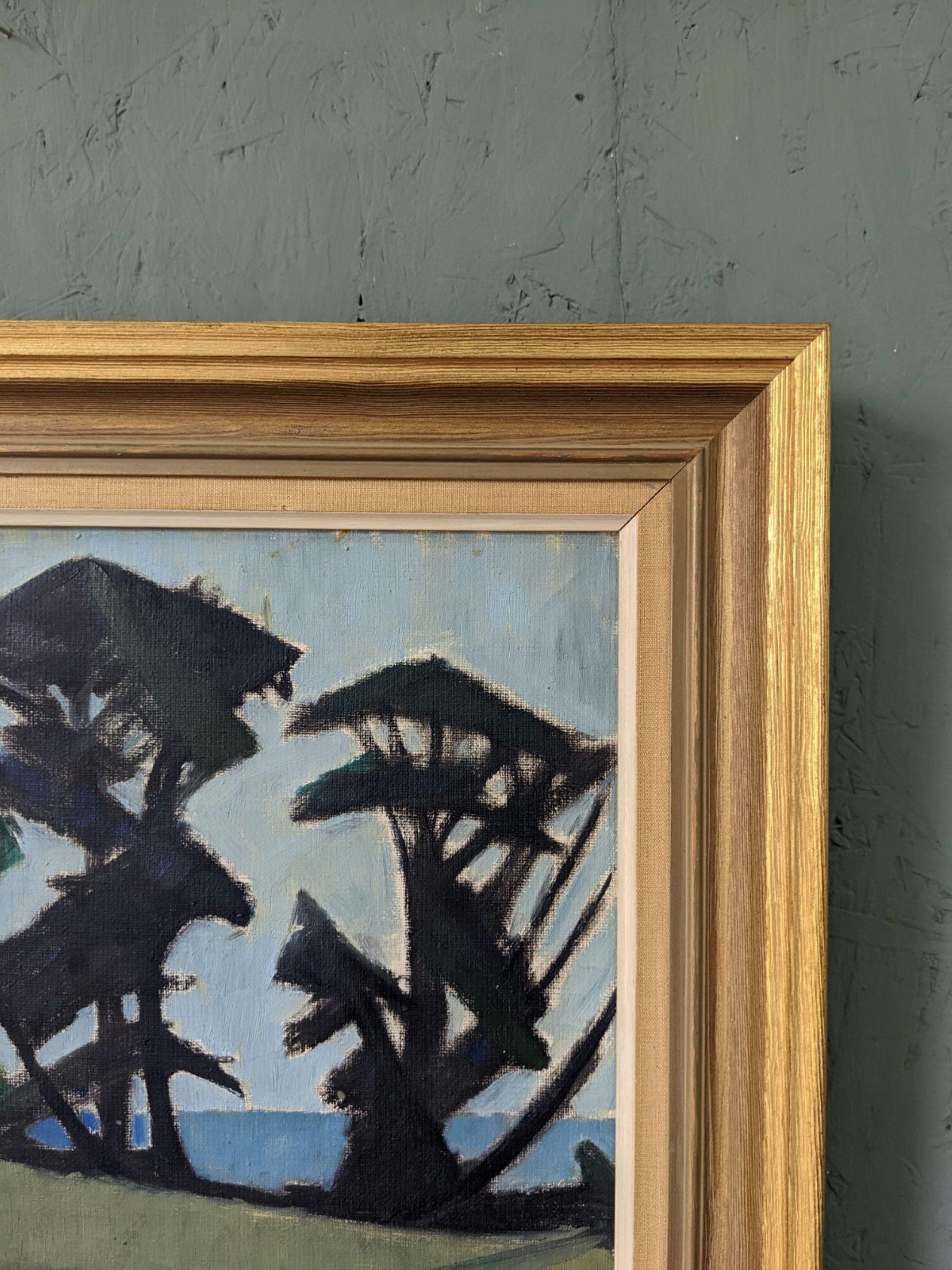 Mid-Century Modern Swedish Landscape Oil Painting, Framed - Coastal Trees 3