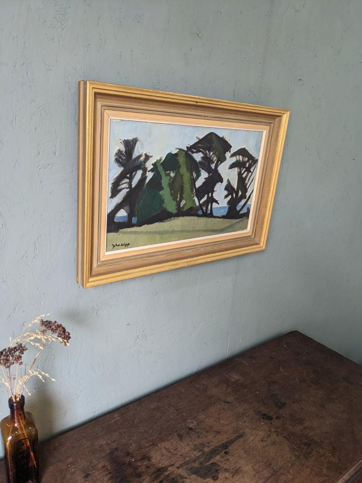 Mid-Century Modern Swedish Landscape Oil Painting, Framed - Coastal Trees 4