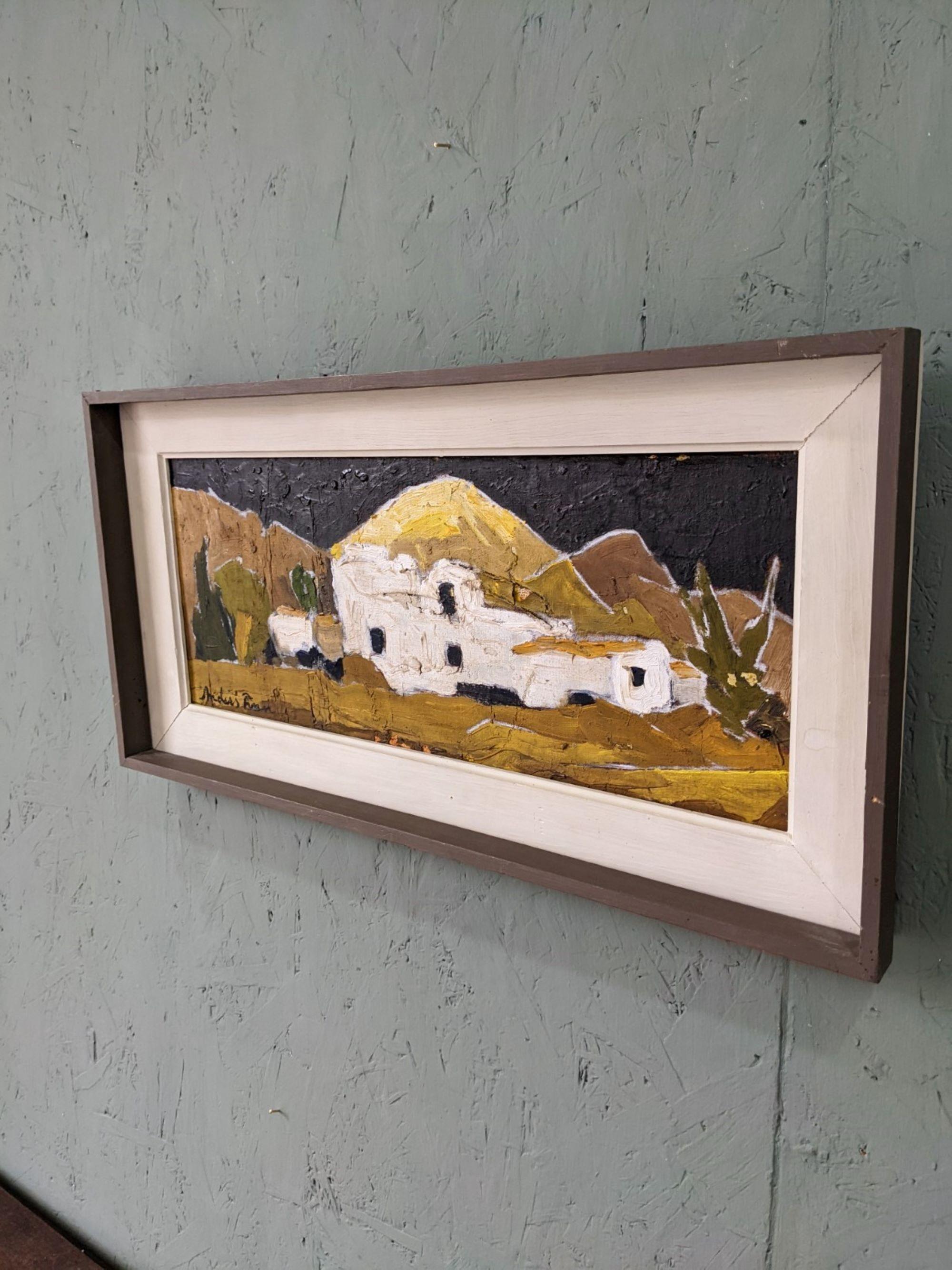 Cuadro al óleo de paisaje sueco moderno de mediados de siglo, enmarcado - Pueblo Blanco en venta 7
