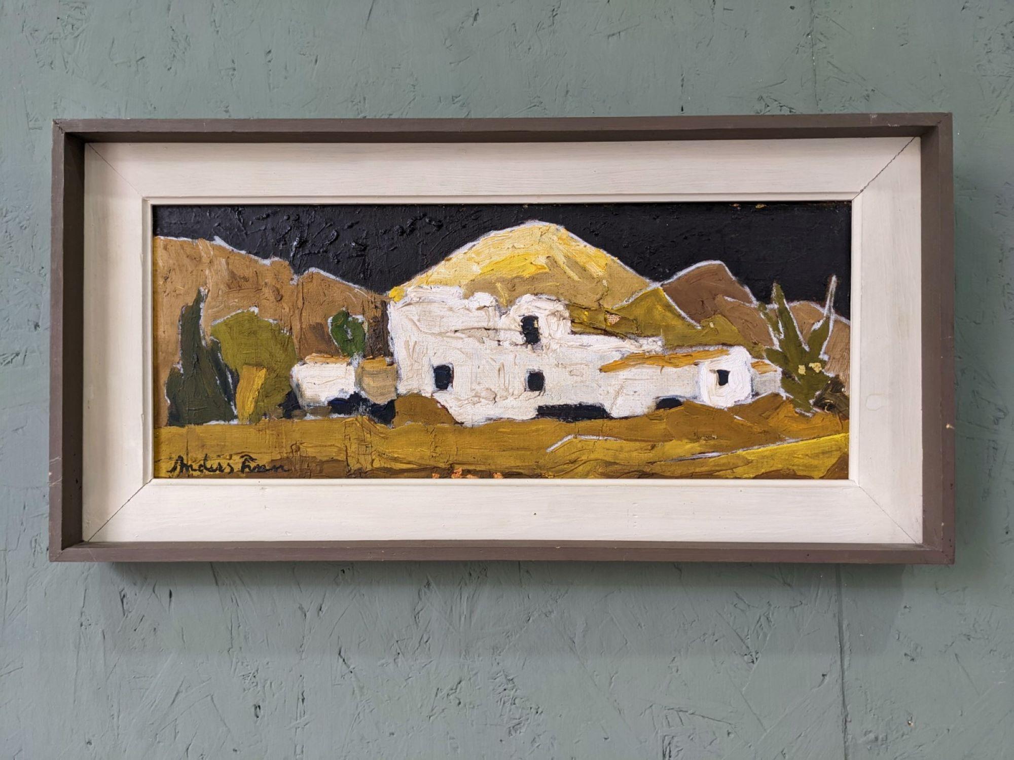 WHITE VILLAGE
Size: 25 x 50 cm (including frame)
Oil on board

A charming and expressive mid-century modernist townscape, executed in oil onto board.

The composition presents a night scene, where a white village is nestled amidst a rich brown