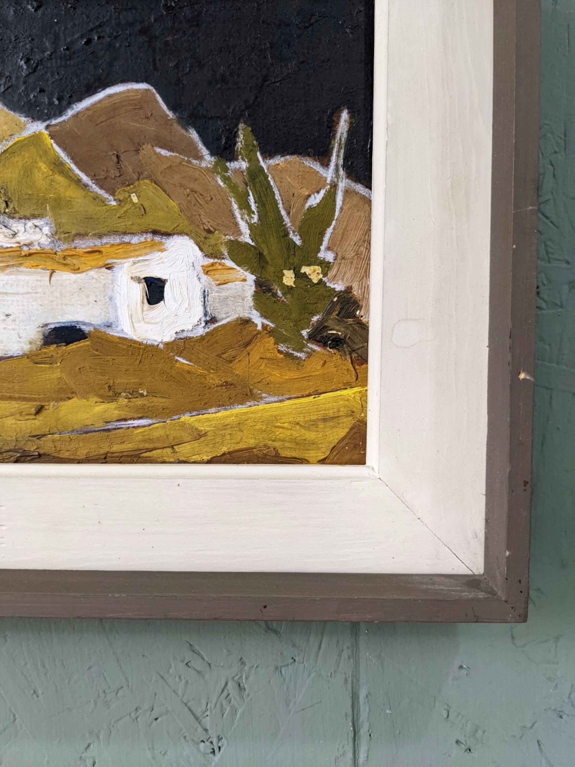Cuadro al óleo de paisaje sueco moderno de mediados de siglo, enmarcado - Pueblo Blanco en venta 1