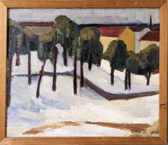 Vintage Mid-Century Modern Swedish Landscape Oil Painting, Framed - Winter Evergreen