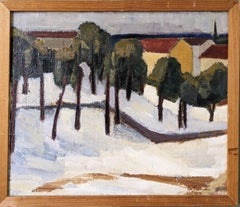 Mid-Century Modern Swedish Landscape Oil Painting, Framed - Winter Evergreen
