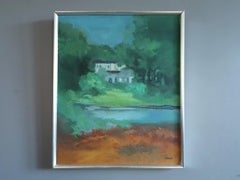 Mid Century Modern Swedish Landscape Oil Painting - House Beyond the Green