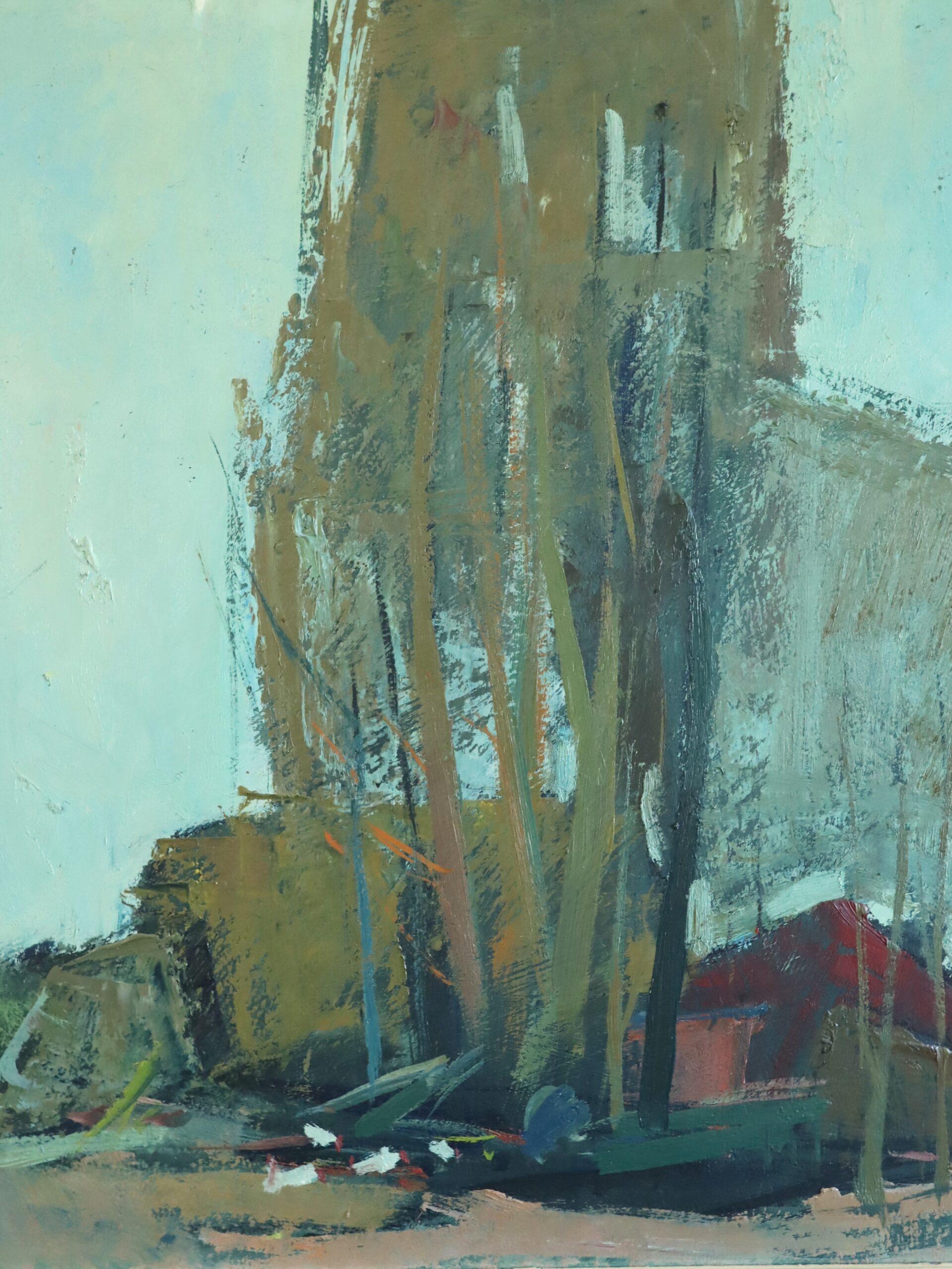 Modernes schwedisches Landschafts-Ölgemälde aus der Jahrhundertmitte - Nachbarschaft in der Abenddämmerung im Angebot 6