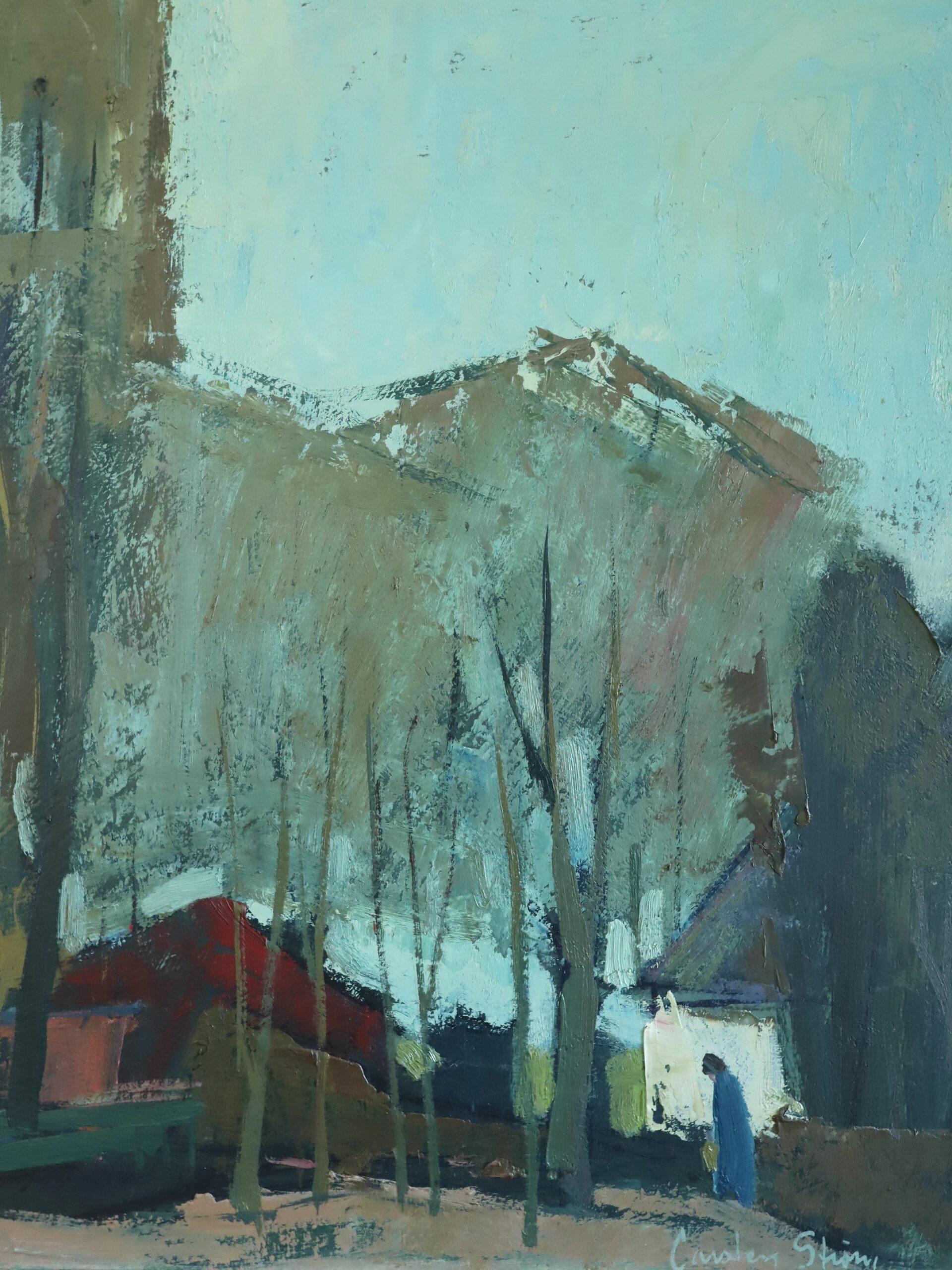 Modernes schwedisches Landschafts-Ölgemälde aus der Jahrhundertmitte - Nachbarschaft in der Abenddämmerung im Angebot 7