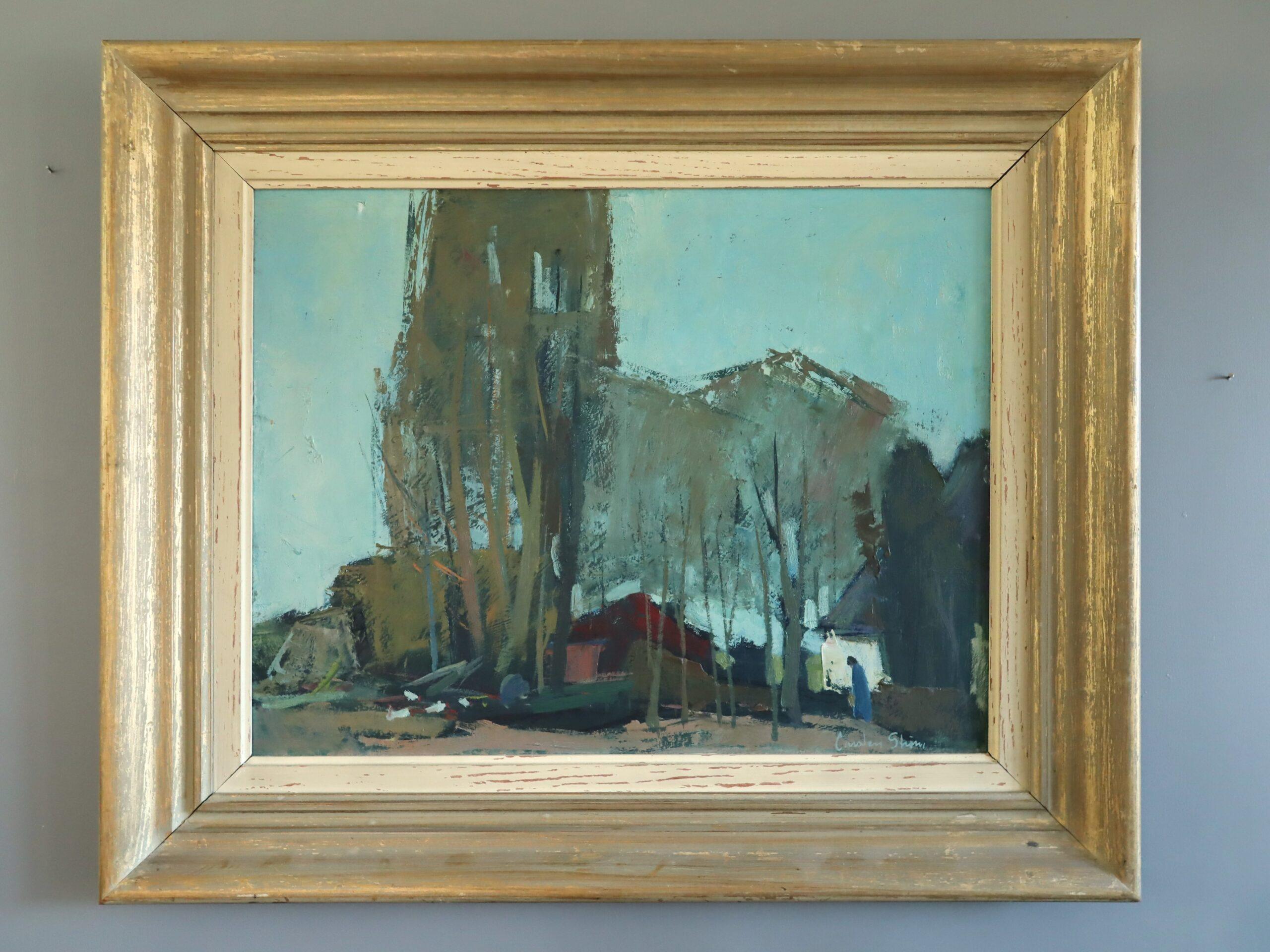 Modernes schwedisches Landschafts-Ölgemälde aus der Jahrhundertmitte - Nachbarschaft in der Abenddämmerung – Painting von Unknown