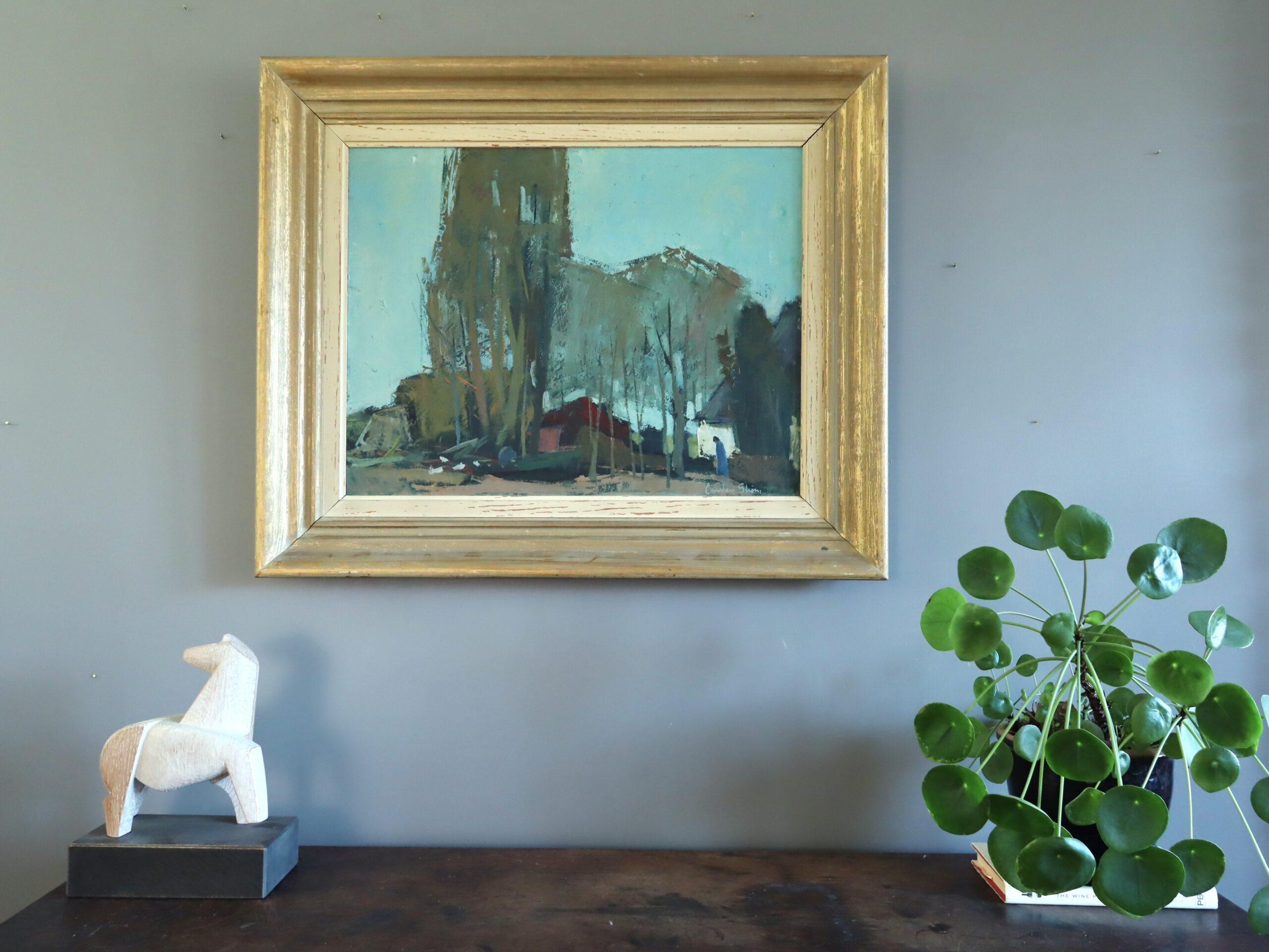 Modernes schwedisches Landschafts-Ölgemälde aus der Jahrhundertmitte - Nachbarschaft in der Abenddämmerung (Grau), Landscape Painting, von Unknown