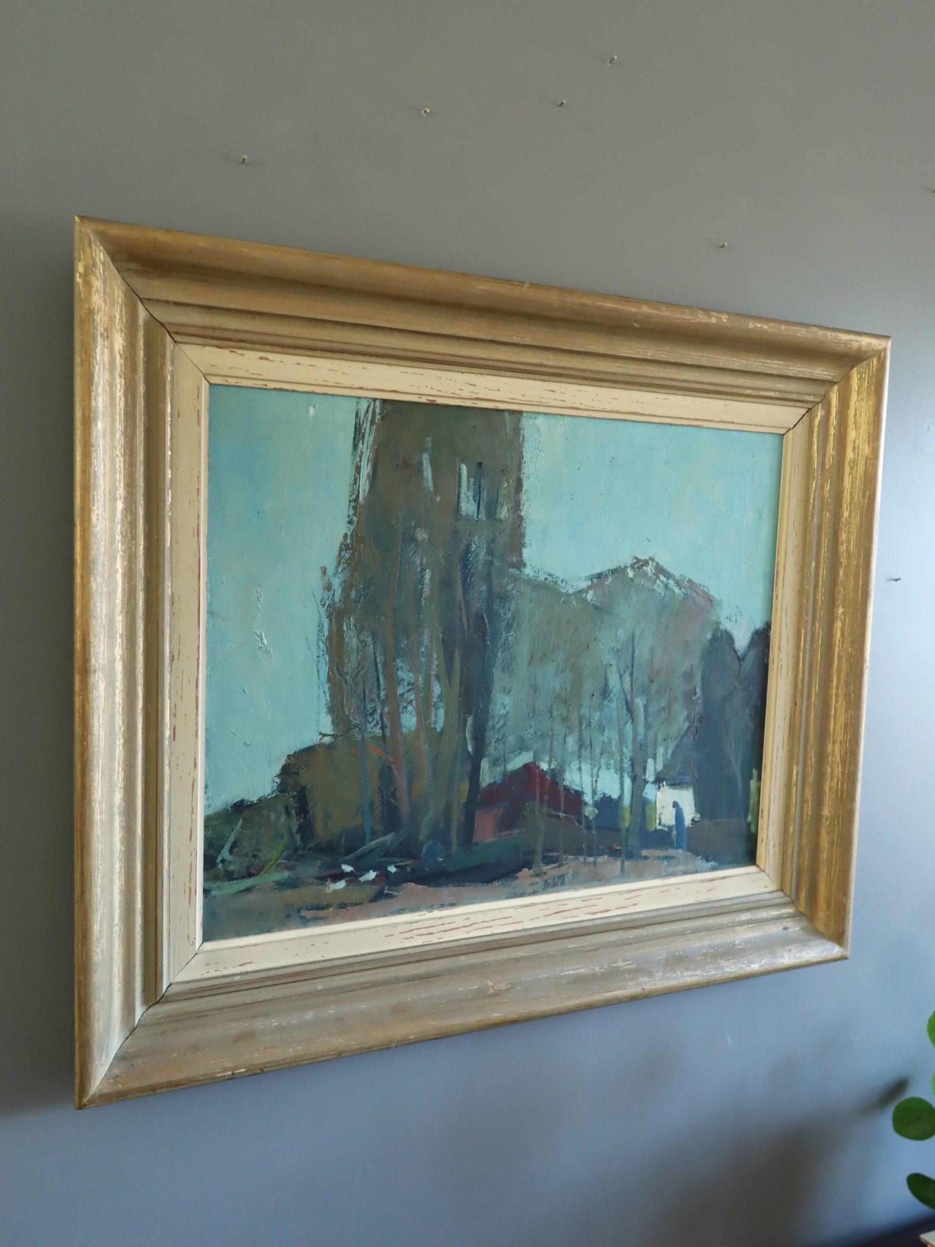 Modernes schwedisches Landschafts-Ölgemälde aus der Jahrhundertmitte - Nachbarschaft in der Abenddämmerung im Angebot 1