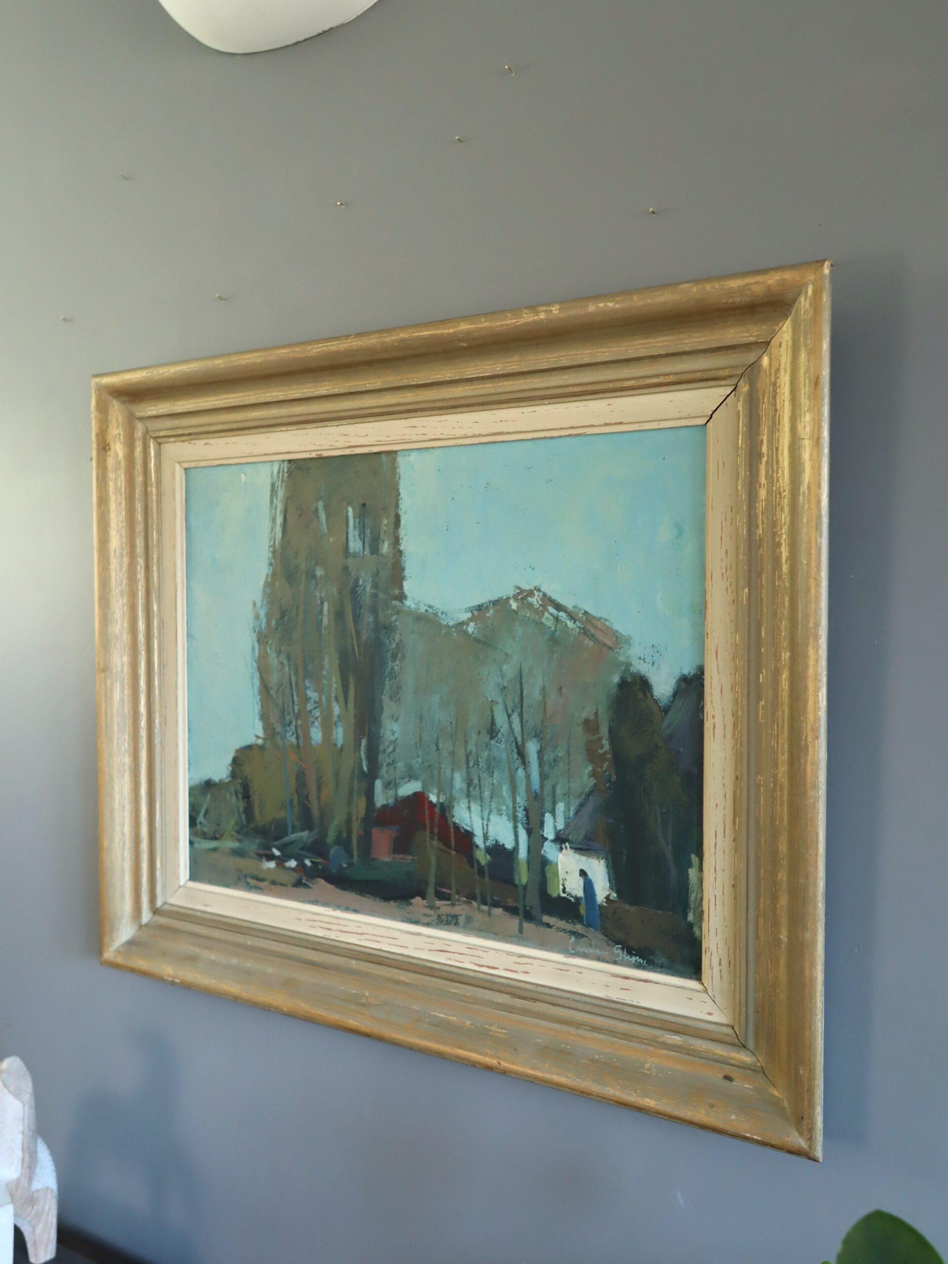 Modernes schwedisches Landschafts-Ölgemälde aus der Jahrhundertmitte - Nachbarschaft in der Abenddämmerung im Angebot 2