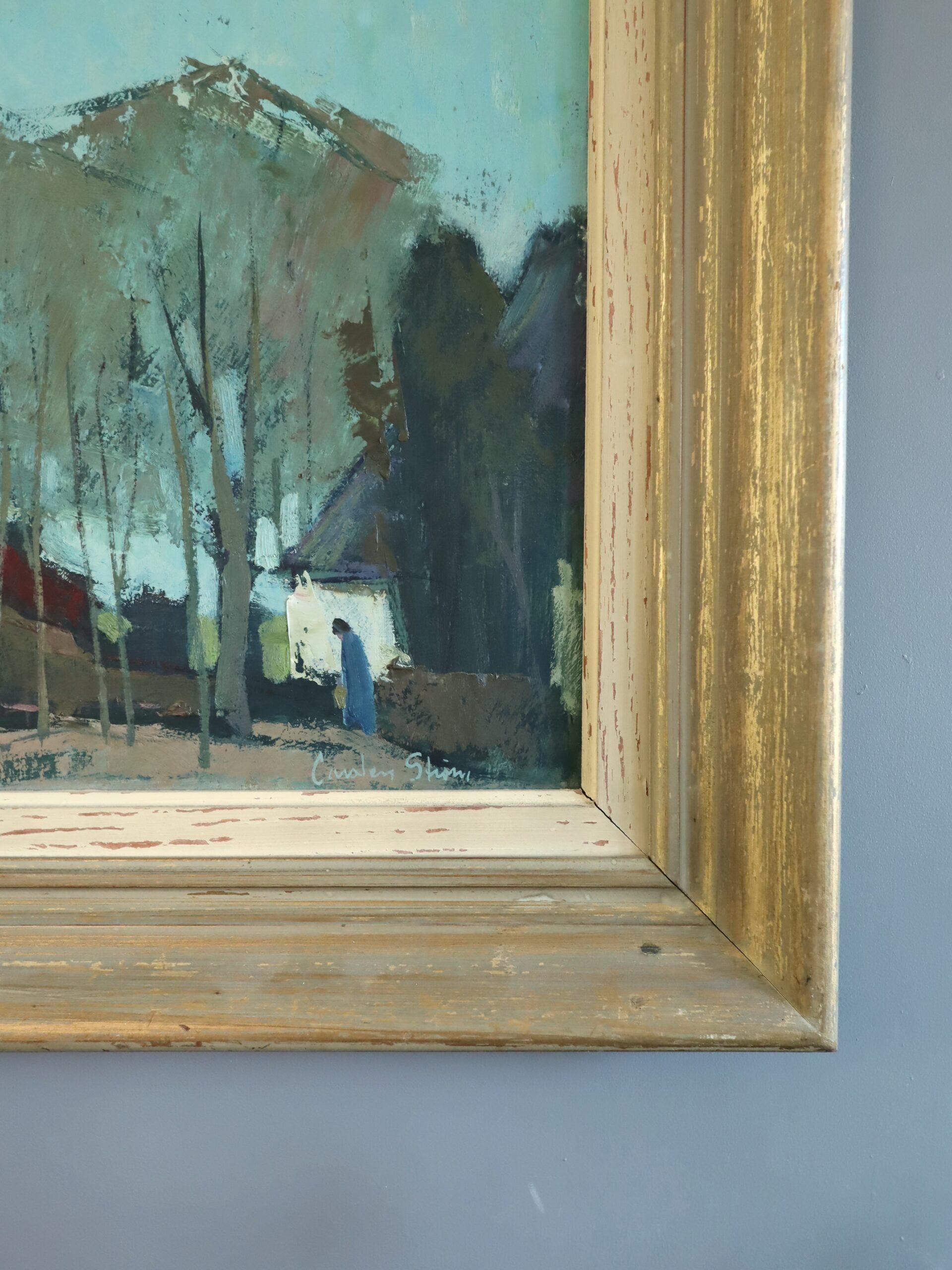 Modernes schwedisches Landschafts-Ölgemälde aus der Jahrhundertmitte - Nachbarschaft in der Abenddämmerung im Angebot 4