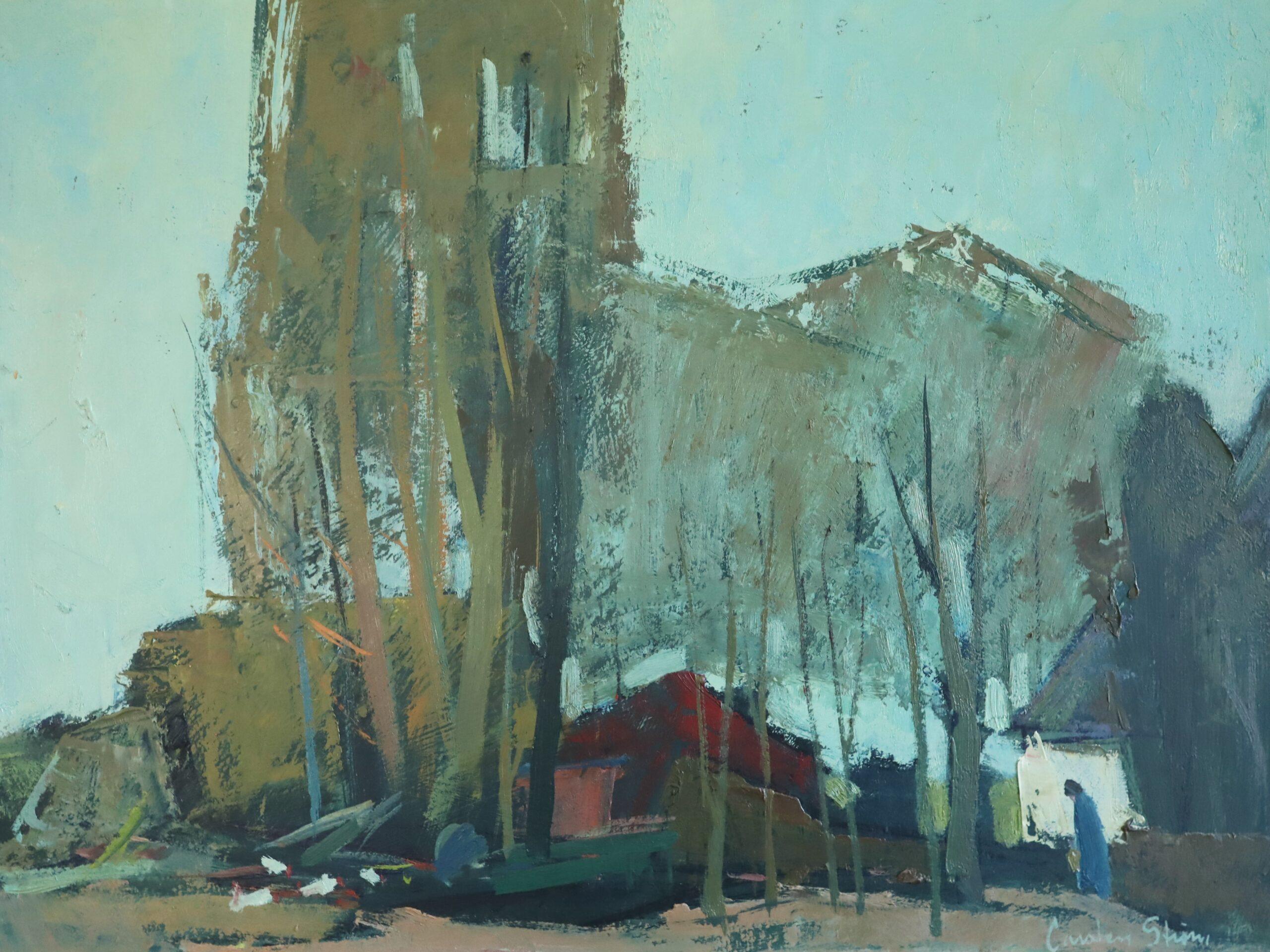 Modernes schwedisches Landschafts-Ölgemälde aus der Jahrhundertmitte - Nachbarschaft in der Abenddämmerung im Angebot 5