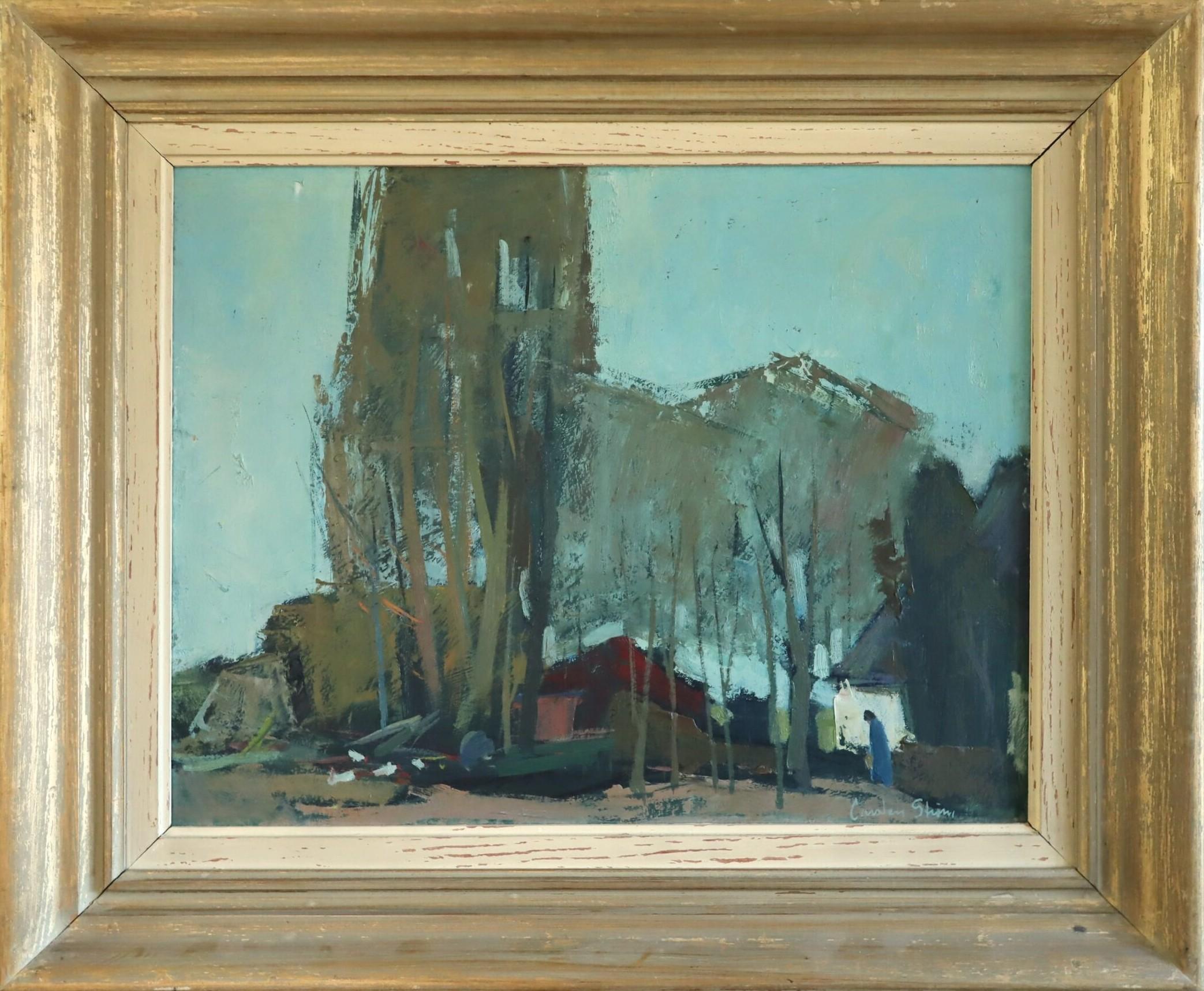 Peinture à l
huile de paysage suédois du milieu du siècle dernier - Le quartier au crépuscule