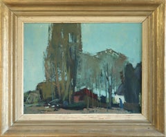 Mid-Century Modern Swedish Landscape Oil Painting - Neighbourhood at Dusk