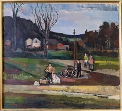 Mid-Century Modern Swedish Landscape Oil Painting - Neighbourhood Life, Framed