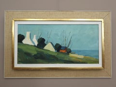Mid Century Modern Swedish Landscape Oil Painting - Red Cabin by the Shore