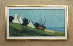 Mid Century Modern Swedish Landscape Oil Painting - Red Cabin by the Shore