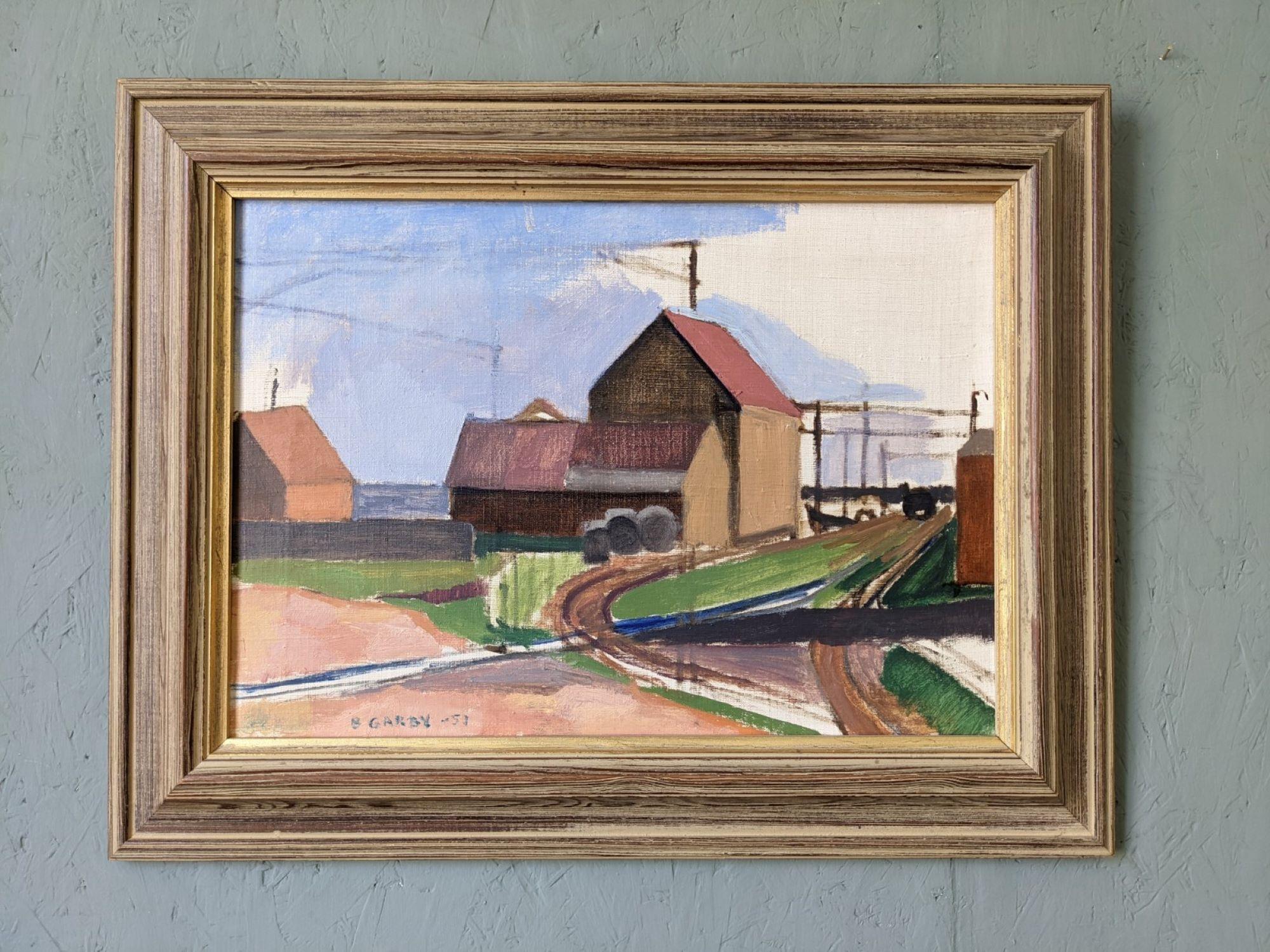Mid-Century Modern Swedish Landscape Oil Painting - Suburban Serenade, Framed - Brown Landscape Painting by Unknown