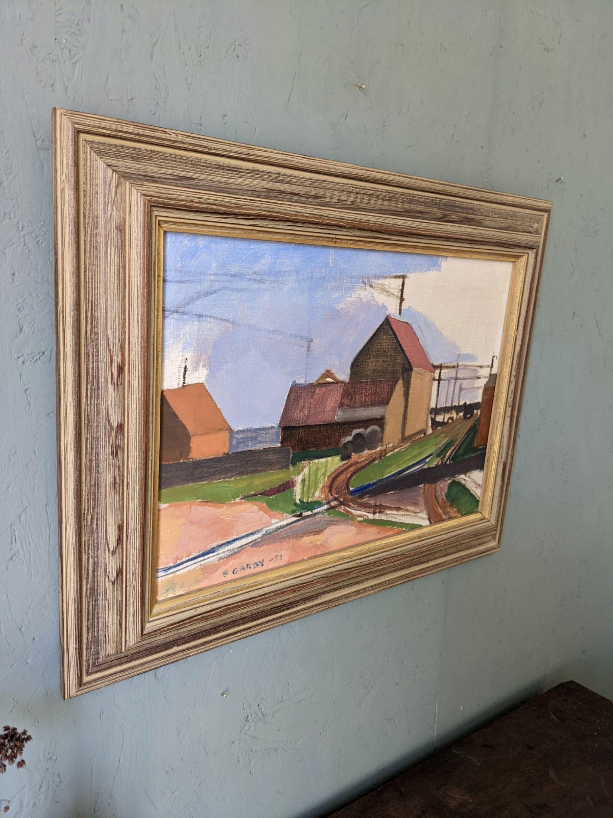 SUBURBAN SERENADE
Size: 46 x 59 cm (including frame)
Oil on canvas

An uplifting modernist composition, executed in oil onto canvas and dated 1951.

The artwork portrays a suburban landscape adorned with blocks of buildings, winding roads and