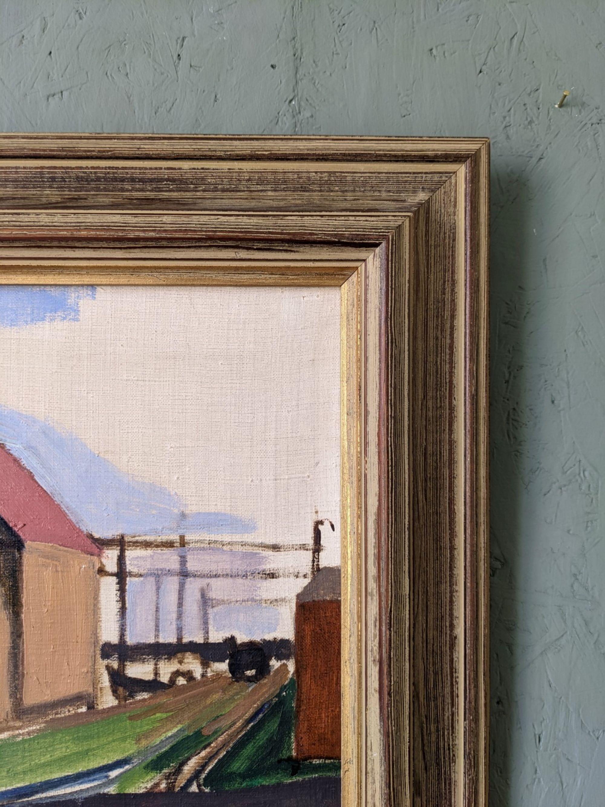 Mid-Century Modern Swedish Landscape Oil Painting - Suburban Serenade, Framed For Sale 2