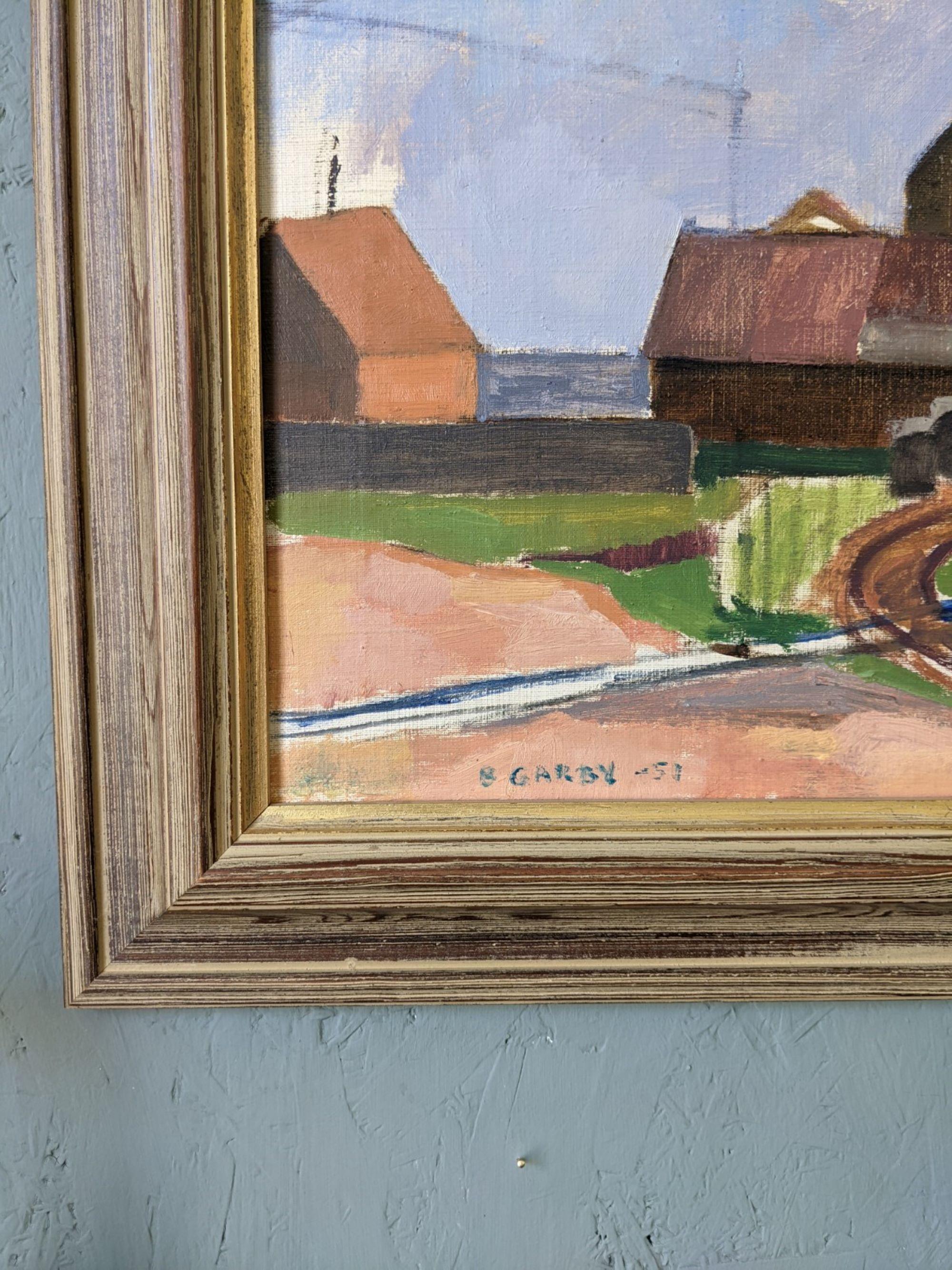 Mid-Century Modern Swedish Landscape Oil Painting - Suburban Serenade, Framed For Sale 3