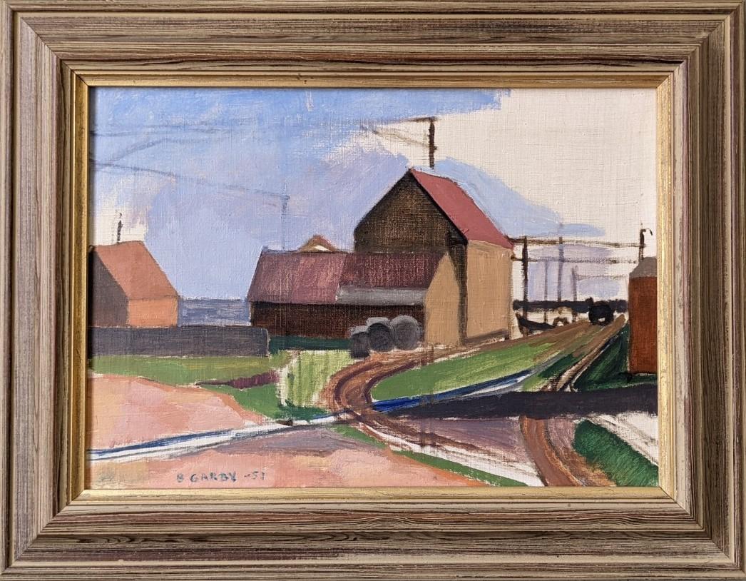 Unknown Landscape Painting - Mid-Century Modern Swedish Landscape Oil Painting - Suburban Serenade, Framed