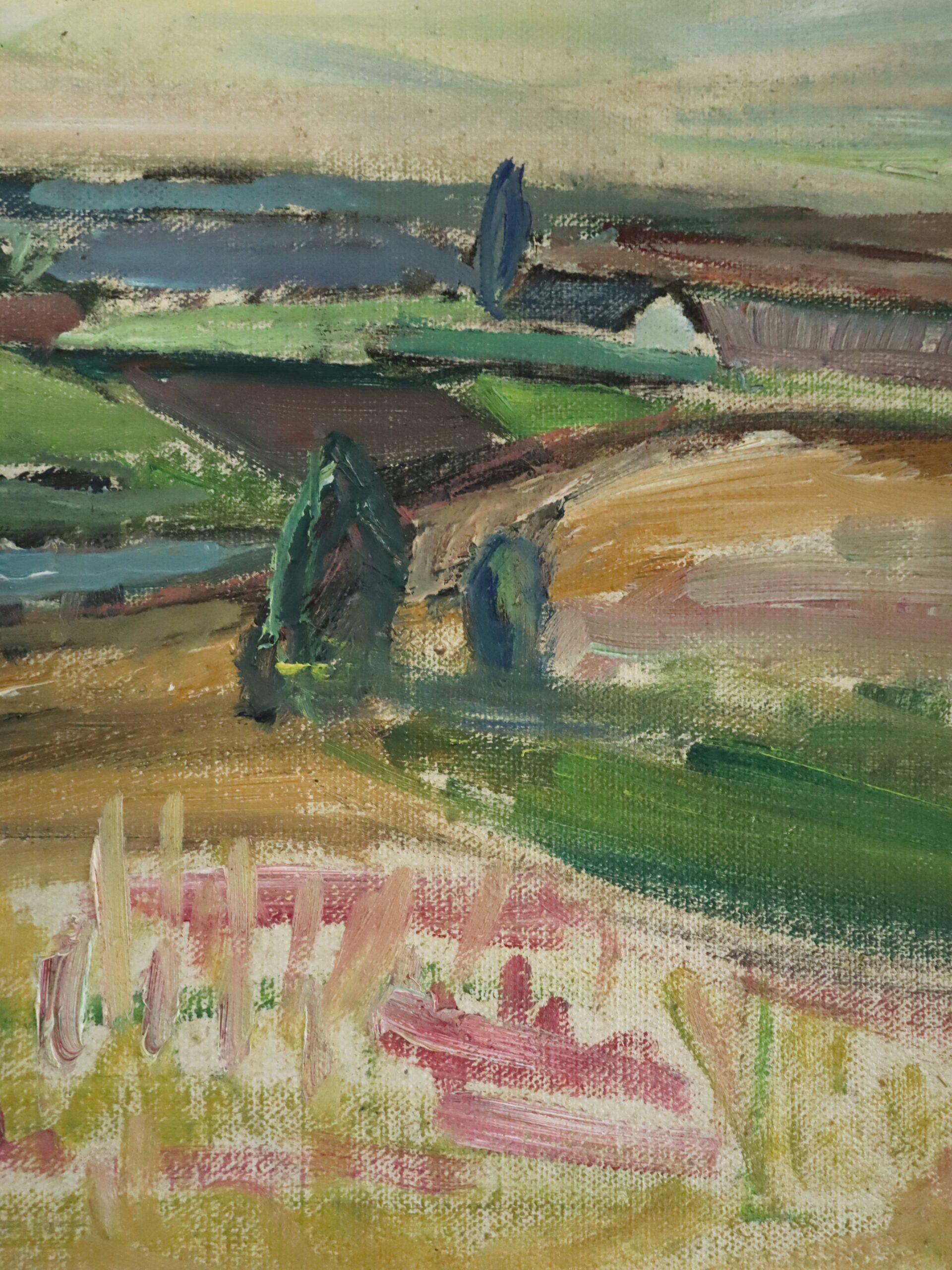 Mid Century Modern Swedish Landscape Oil Painting - View Over the Valley im Angebot 8