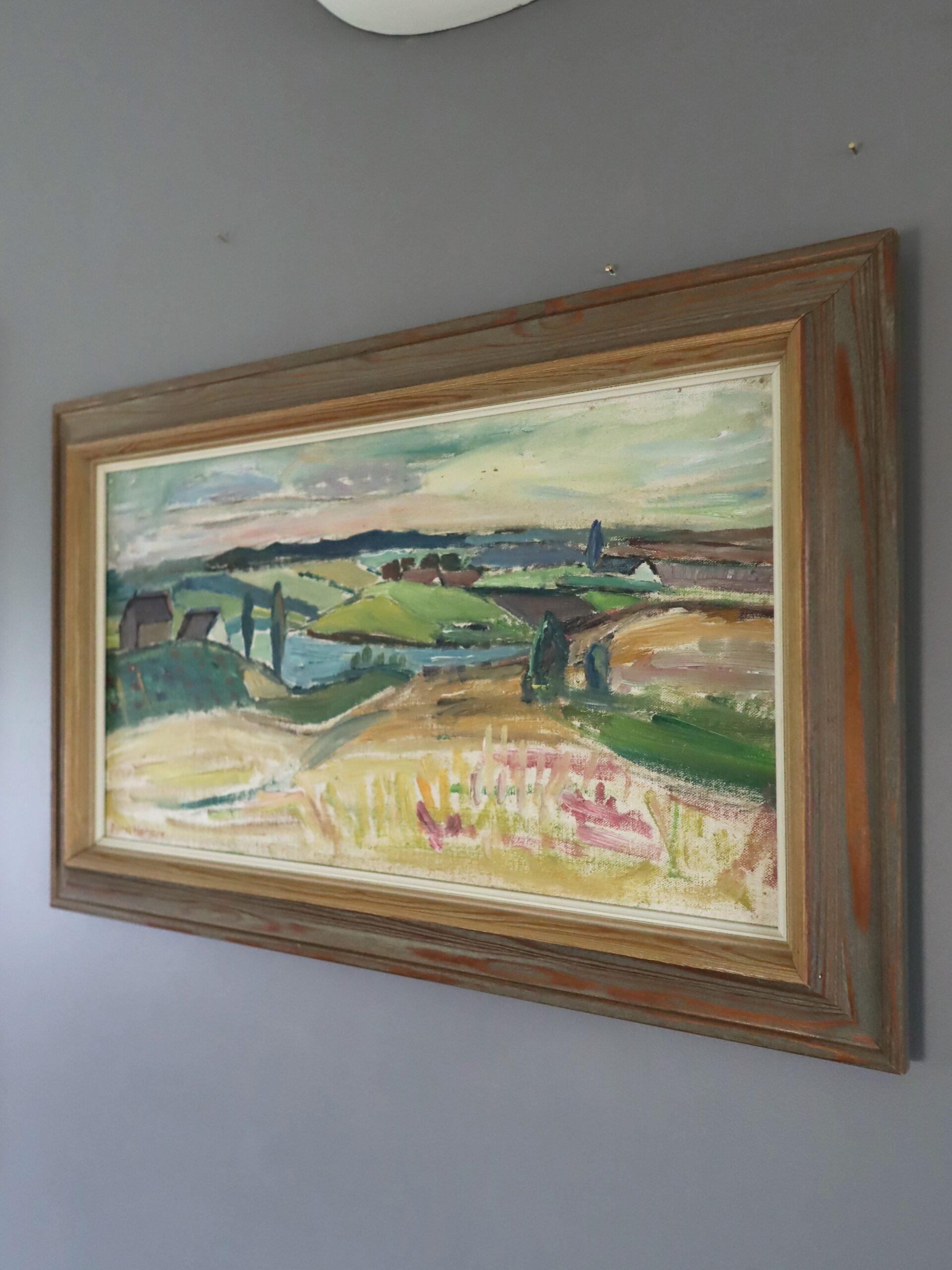 Mid Century Modern Swedish Landscape Oil Painting - View Over the Valley im Angebot 3